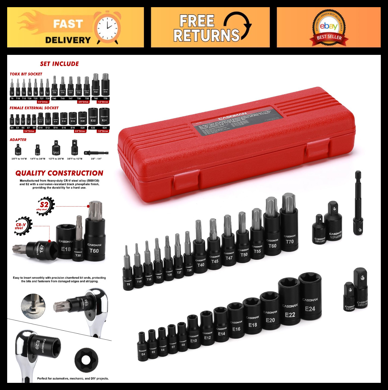32-Piece Torx Bit Socket Set – 14 Star Bits (T8-T70) & 13 E-Torx Sockets (E4-E24