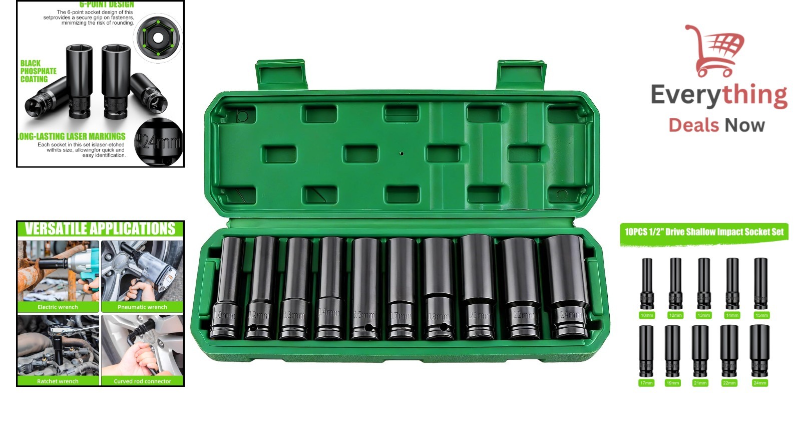 Deep Well Impact Socket Set 1/2″ Drive Metric 10mm-24mm 6 Point Sockets 10-PC