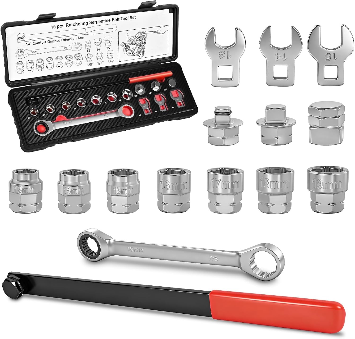 Kit Tensor Correa Serpentina Alternador Ratchet Reversible Socket Crowfoot 15PCS