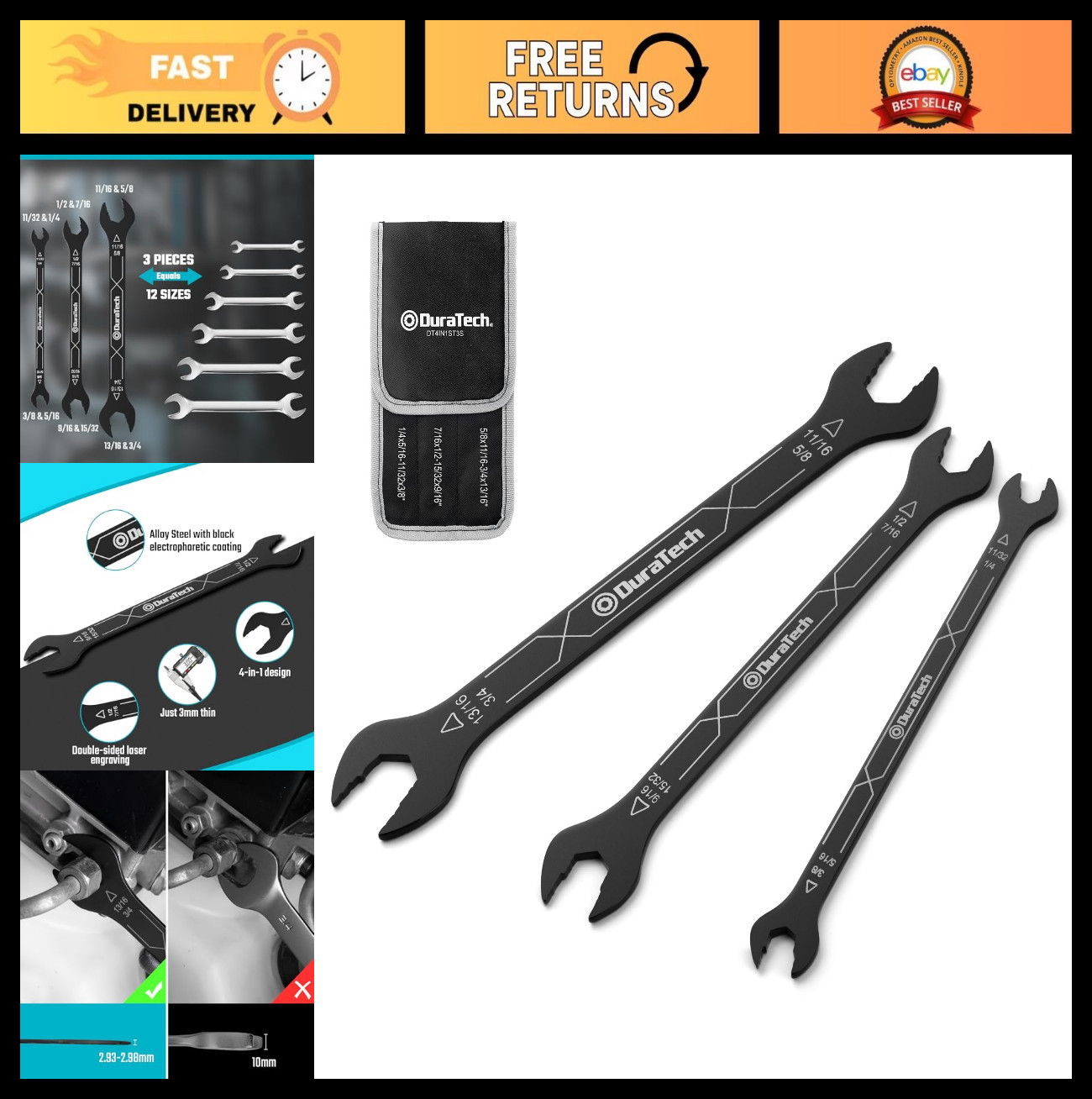 4-in-1 Super-Thin Open End Wrench Set, 3-Piece, 12 Sizes, SAE, Ultra-Slim, Pouch