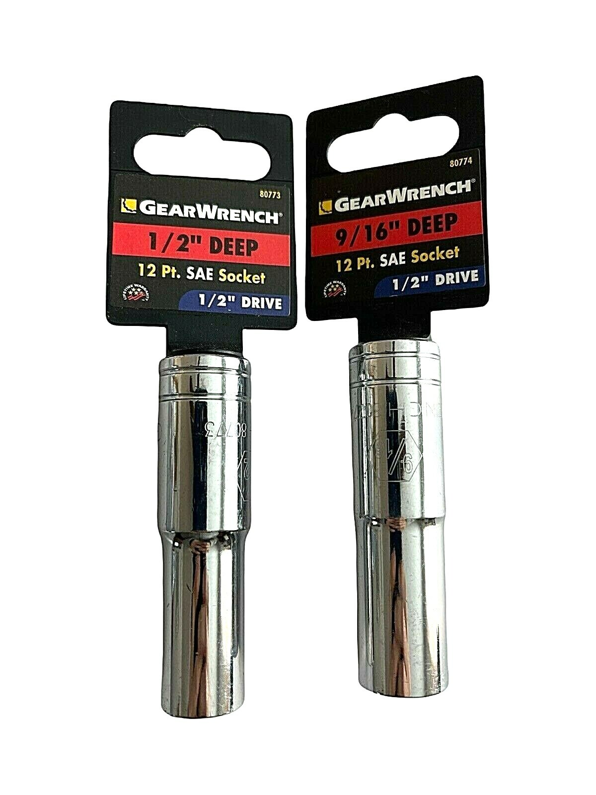 GearWrench 1/2″ Drive 12 Point SAE Deep Sockets 1/2″ 9/16″ Lot of 2 – NEW