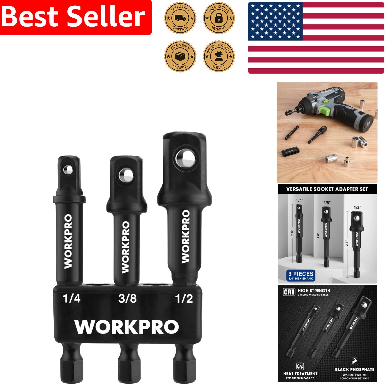 Durable 3-Piece Socket Adapter Set, 1/4 3/8 1/2 Inch Hex Shank Impact Grade