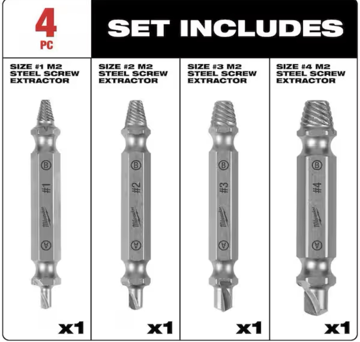 Milwaukee 49-57-9001, M2 Steel Screw Extractor Set (4-Piece)