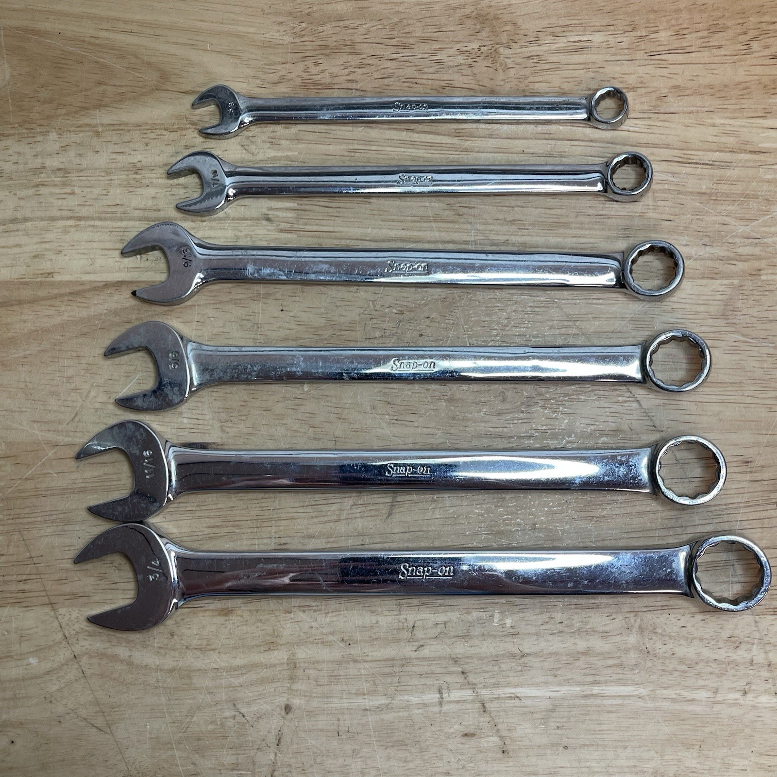 SNAP-ON 6 PC 12 PT COMBINATION WRENCHES (3/8″ OEX12- 3/4″ OEX24) USED.