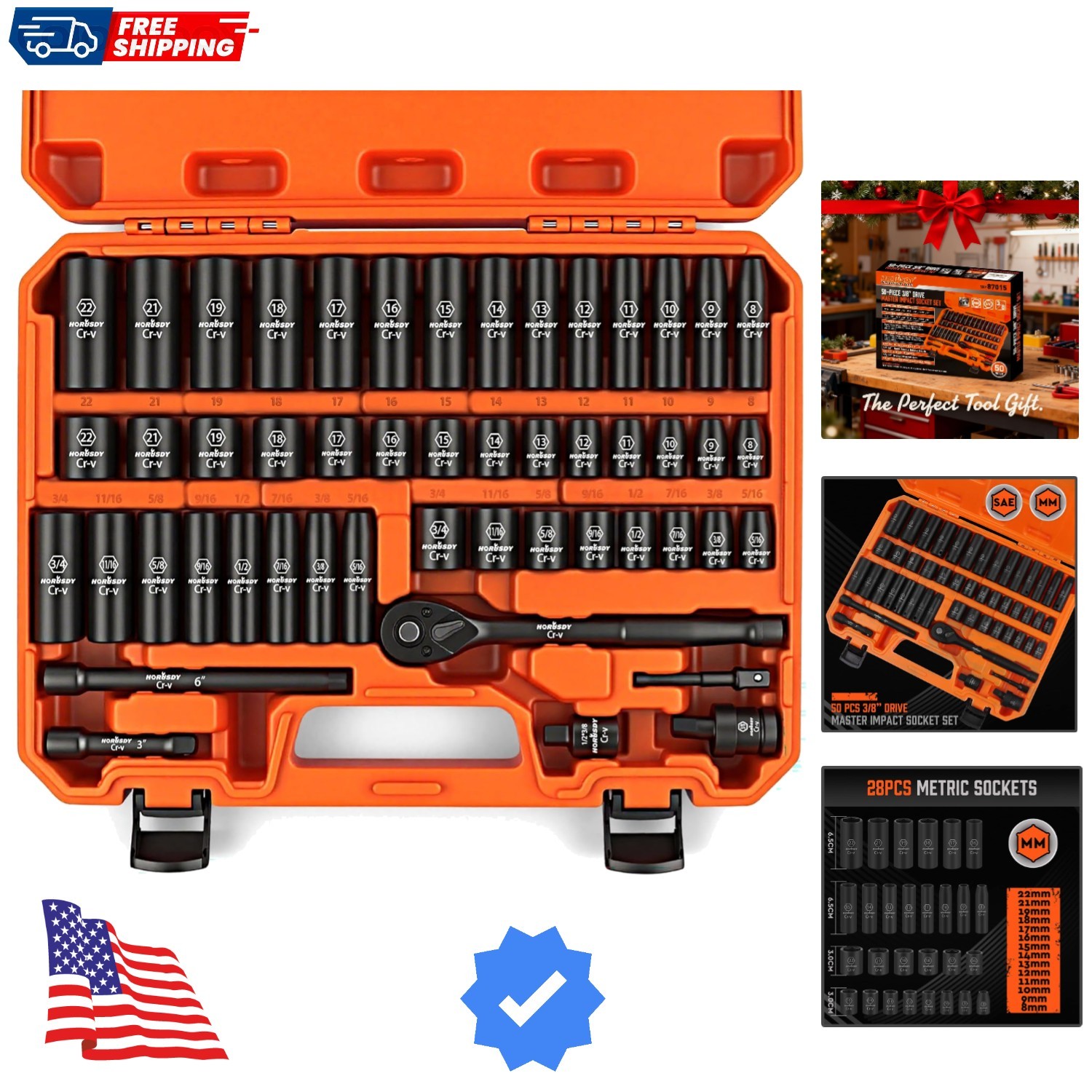 3/8″ Drive Impact Socket Set, 50-Piece Standard SAE 5/16 to 3/4 inch and Metr…