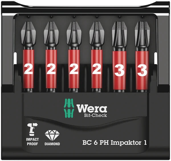 Wera 05057691001 6 Piece 50mm Long PH2 & PH3 Impact Driver Bits Impaktor