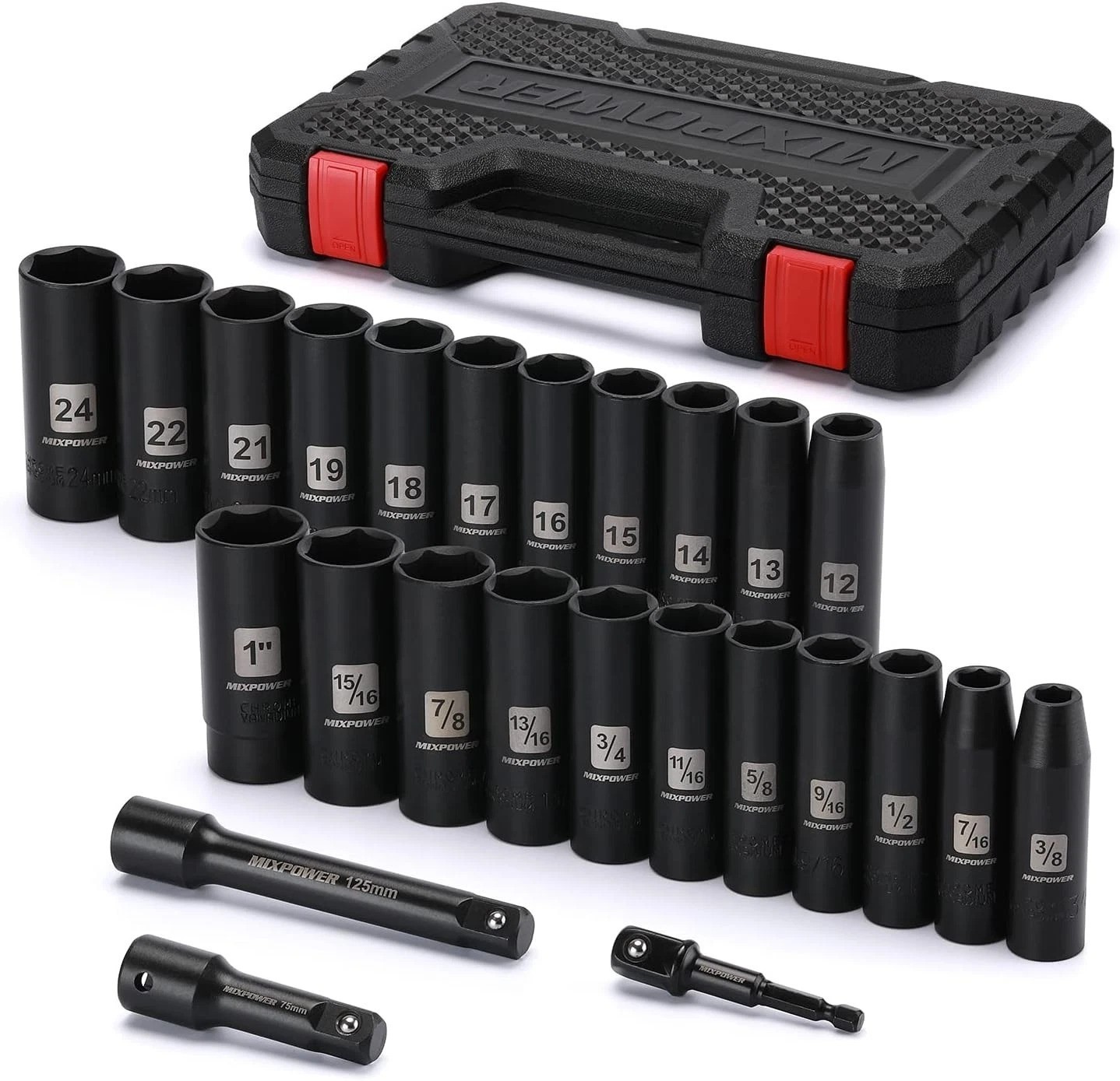 Comprehensive 25-Piece Deep Impact Socket Set with Extension Bars and Adapter