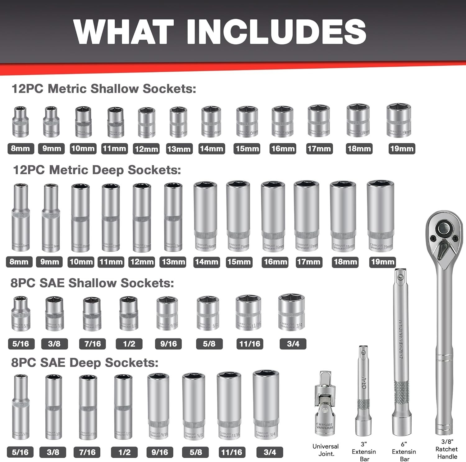 44pcs Impact Socket Set 3/8″ Drive SAE Metric Deep Shallow CR-V Steel