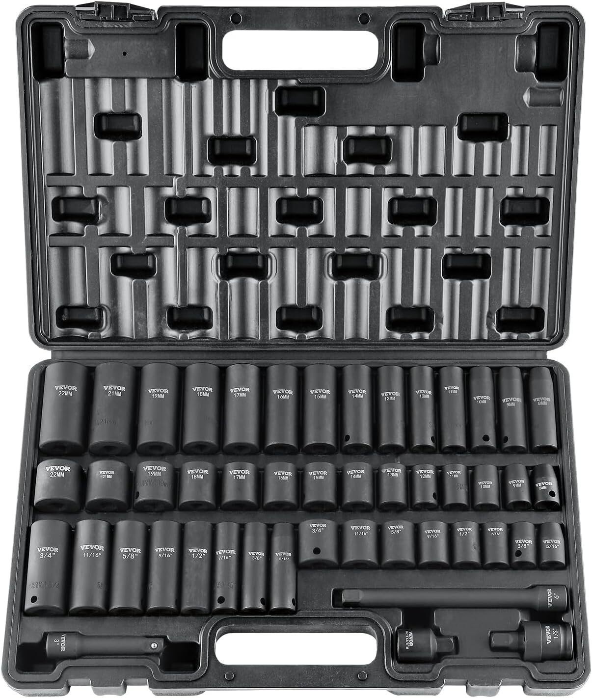 48PCS 3/8″ Drive Impact Socket Set SAE 5/16″-3/4″ Metric 8-22mm 6 Point Sockets