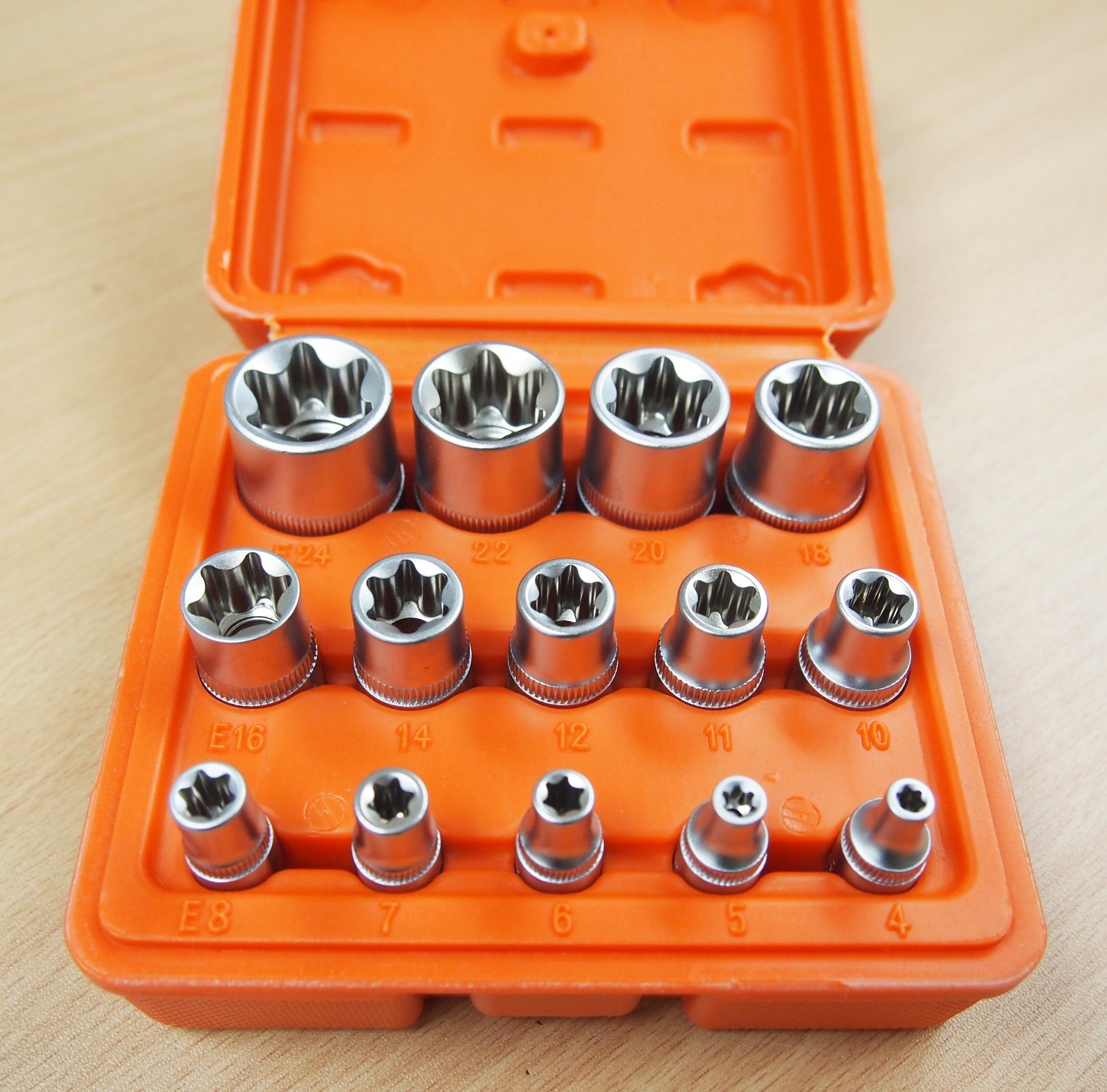 14 PC E Torx Star Female Bit Socket Set 1/2″/3/8″/1/4″ Drive E4 -E24