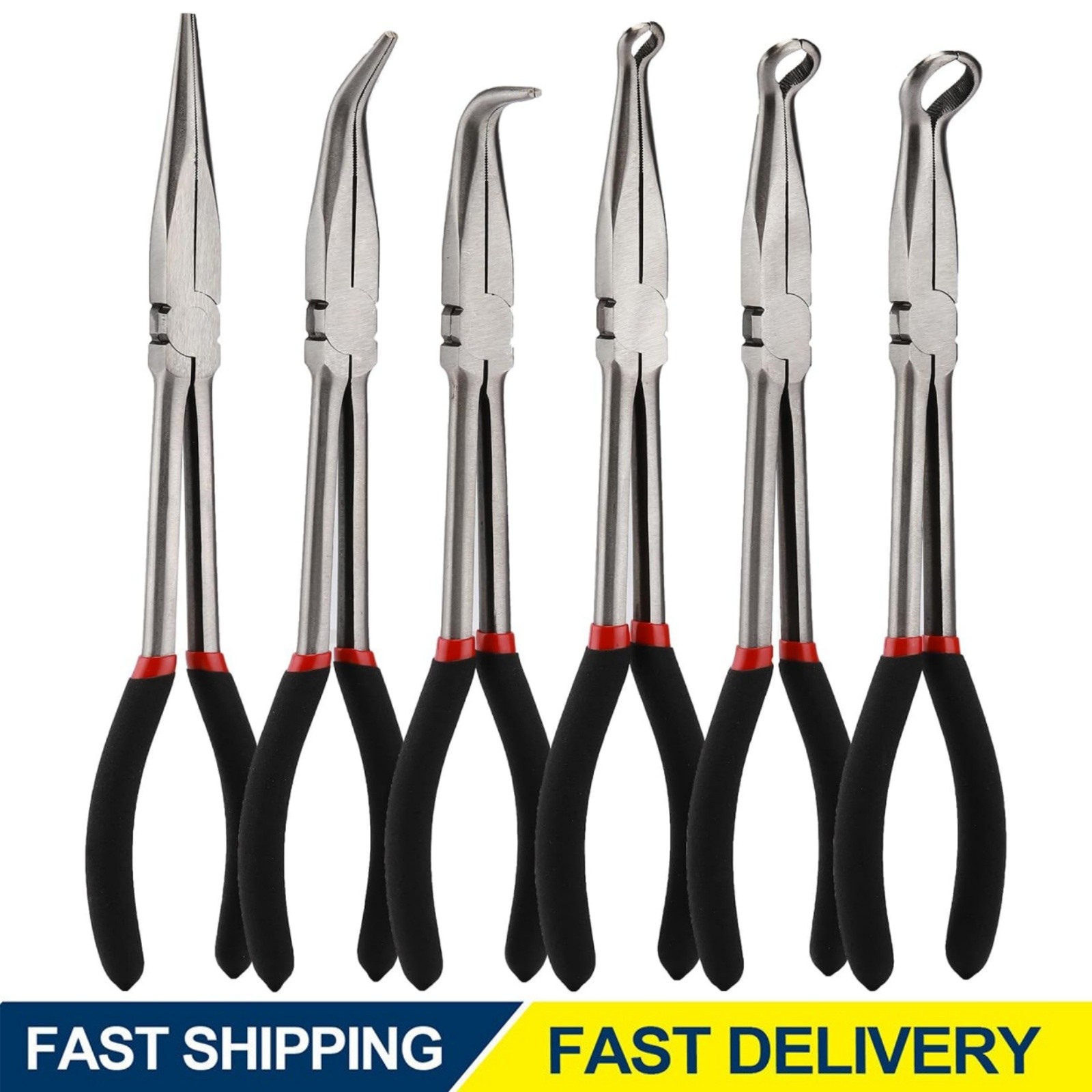 6-Piece 11″ Extra Long Needle Nose Pliers Set with Insulated Comfort Grip