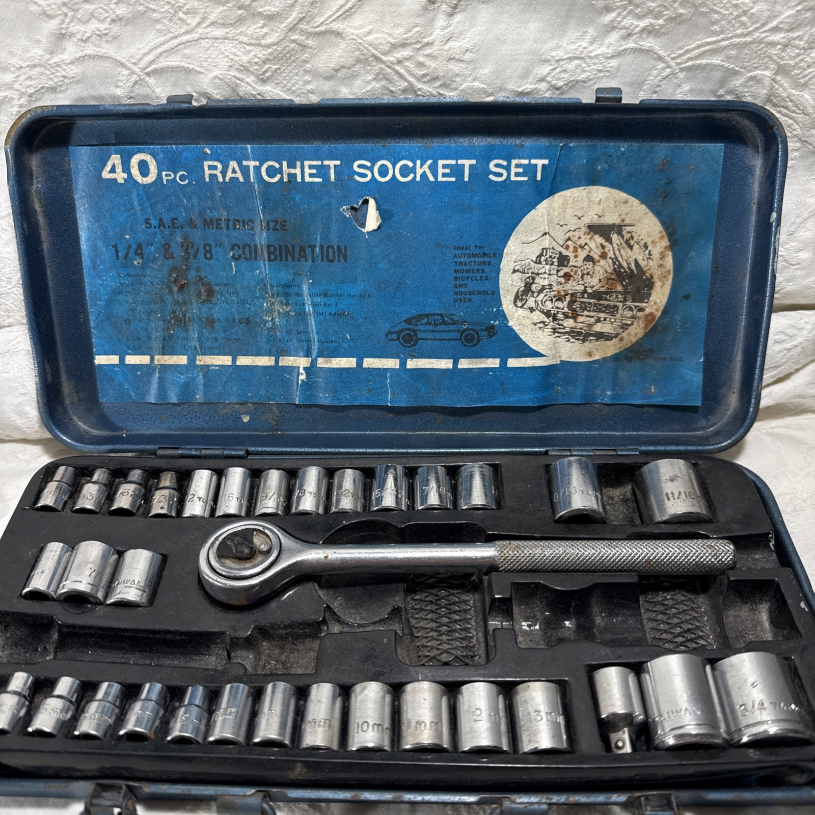 Vintage Blue Metal Case Combination Ratchet Socket Set 19 SAE 13 Metric *Read*
