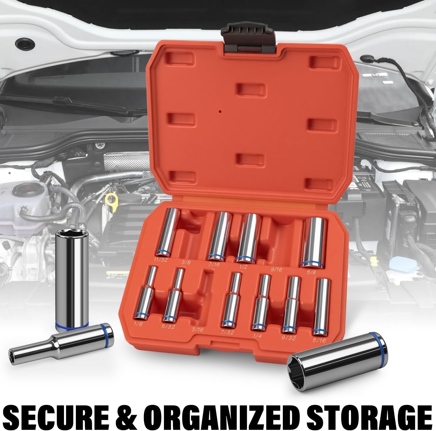 1/4″ Drive SAE Deep Socket Set 13PC 1/8-5/8″ 6 Point CR-V Hex Sockets Case USA