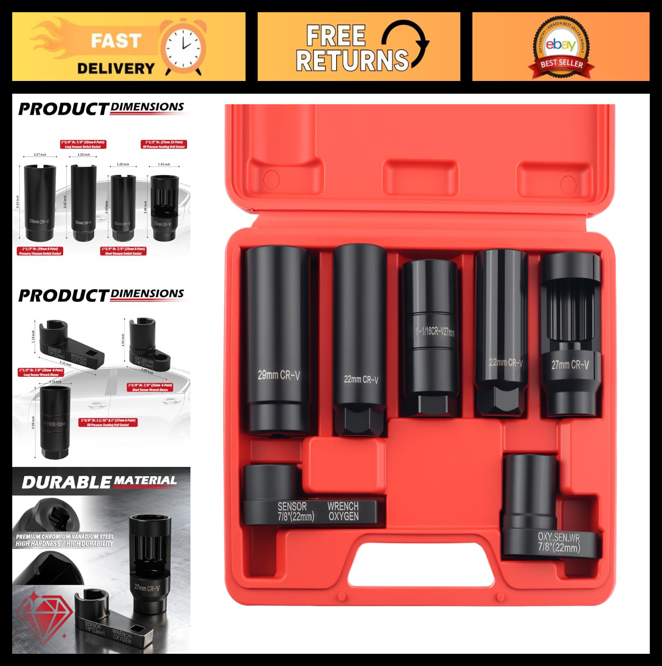 7PCS Heavy Duty Oil Pressure Sensor Socket Set 22mm 27mm 29mm, Automotive Tools