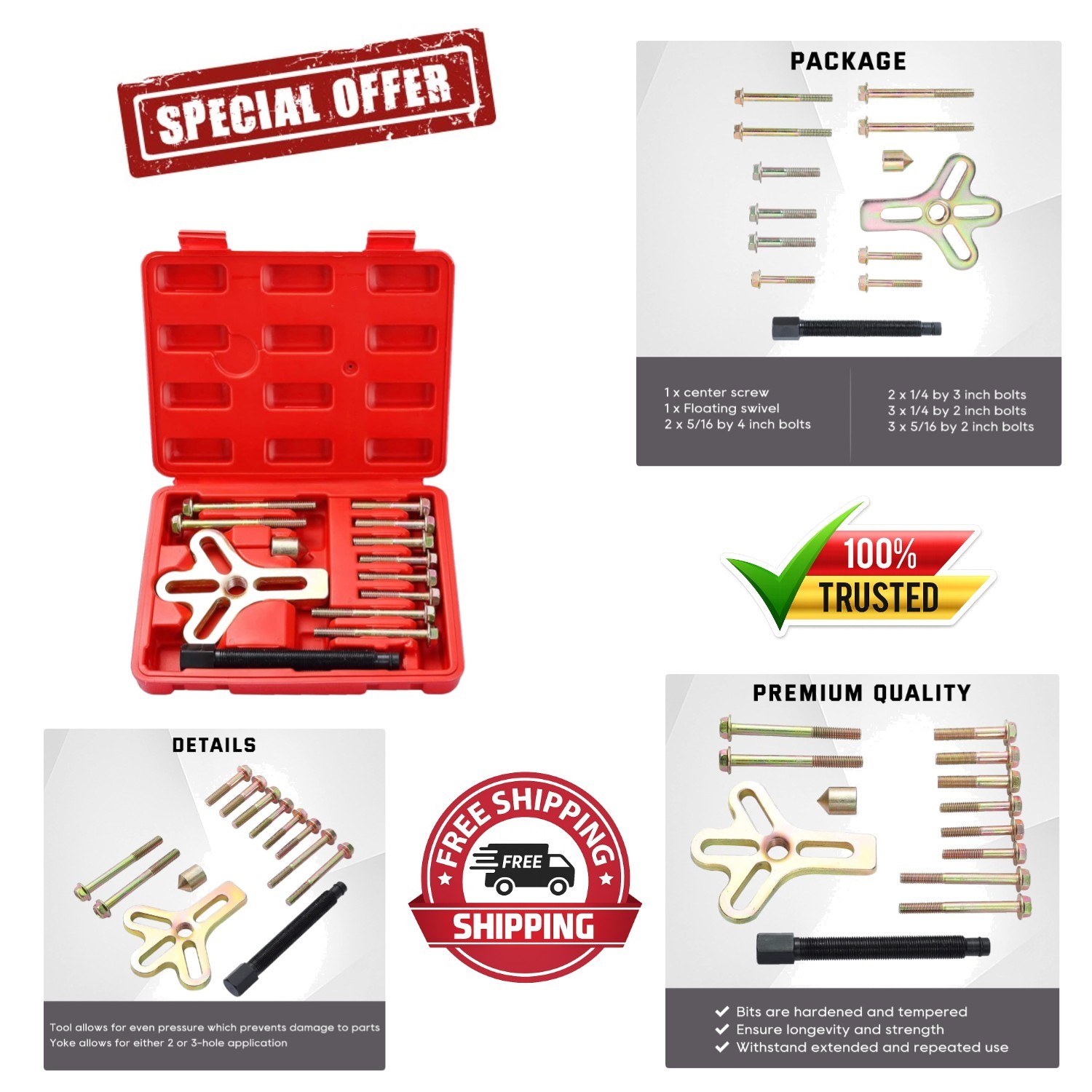 Versatile 13-Piece Steering Wheel and Harmonic Balancer Puller Set – Lightweight