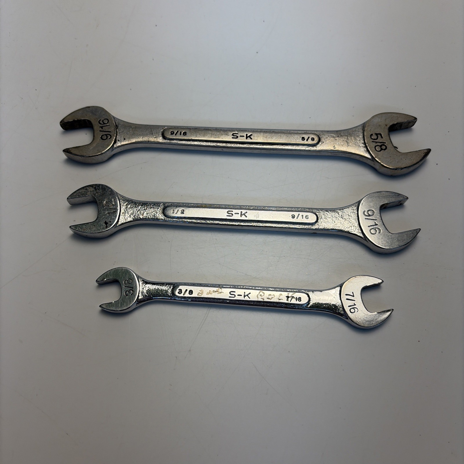 Vintage SK USA Double Open End Wrench Set 3 Pc SAE 3/8 7/16 1/2 9/16 5/8