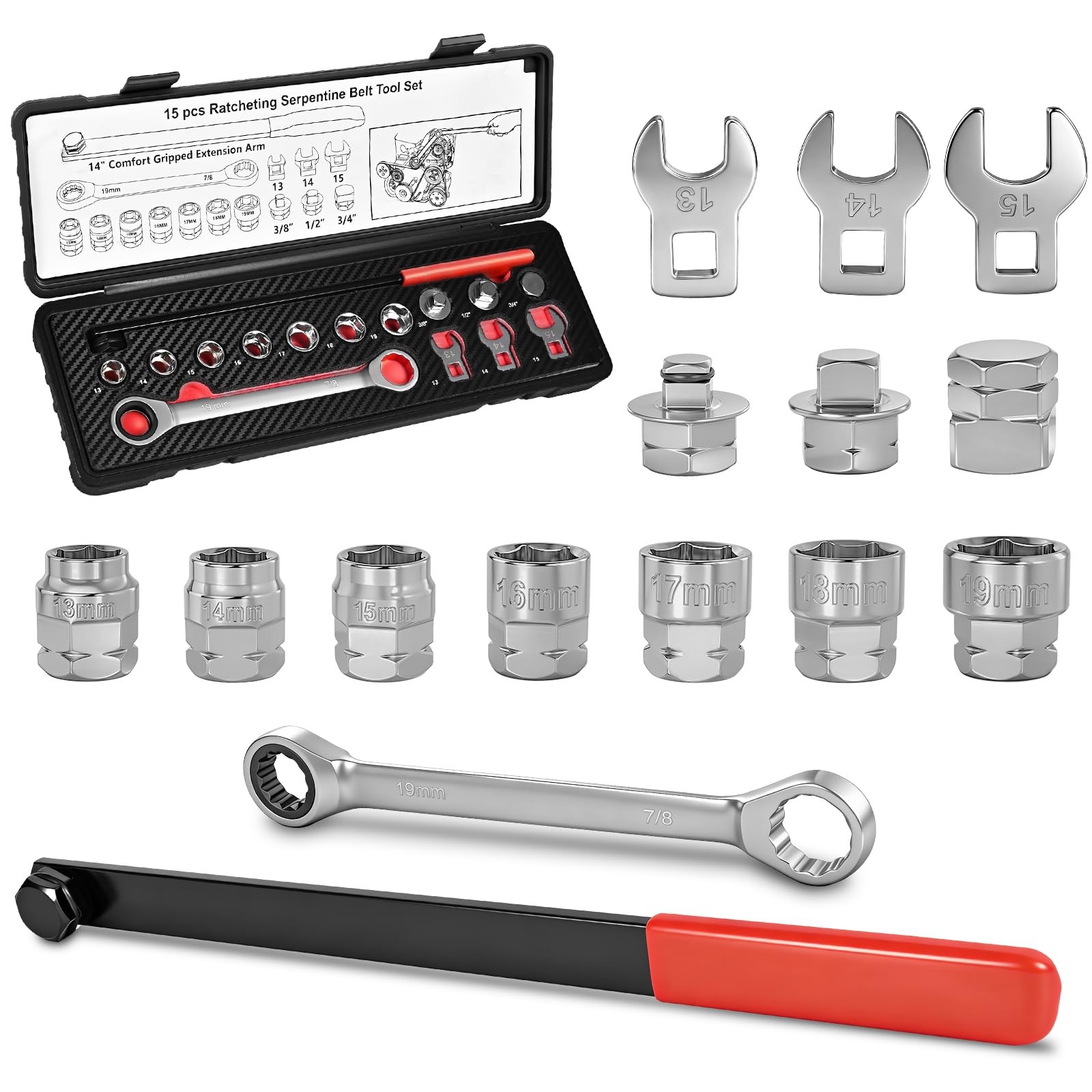 Kit Tensor Correa Serpentina Alternador Ratchet Reversible Socket Crowfoot 15PCS