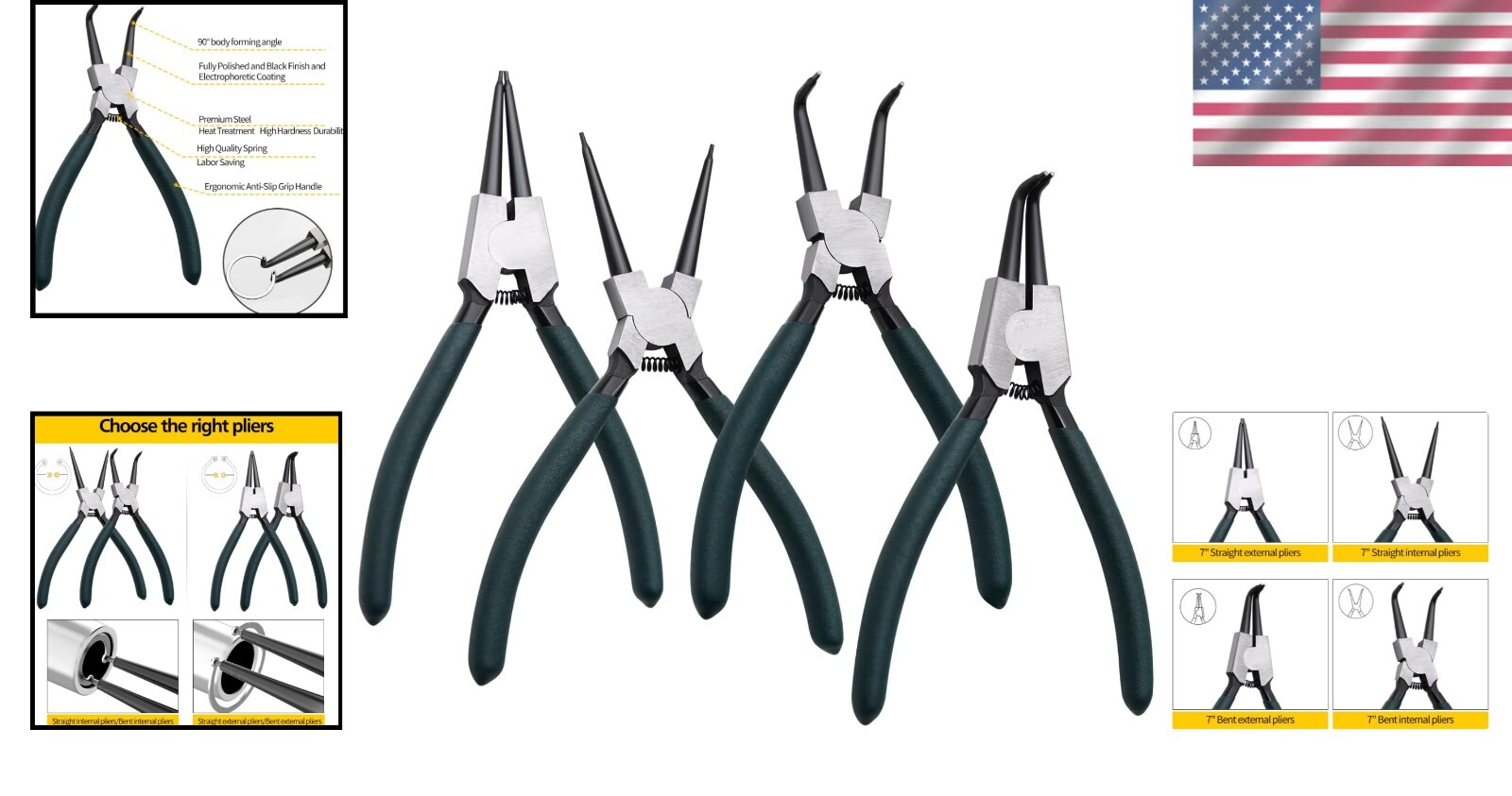 Precision 4pcs Circlip Pliers Kit, 7-Inch Internal/External Snap Ring Set