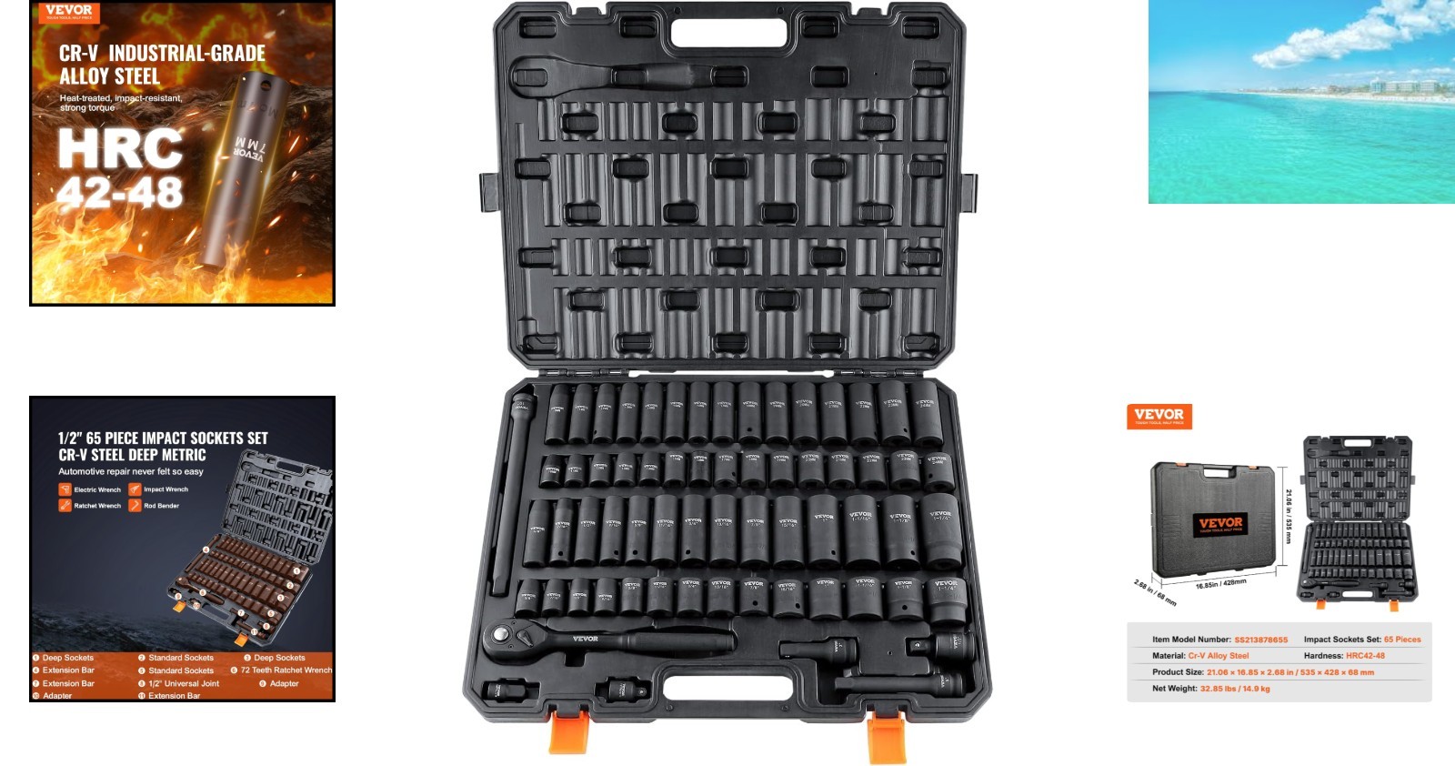 Rugged 1/2″ Drive Impact Socket Set – 65 Pieces with Laser-Etched Size Markings