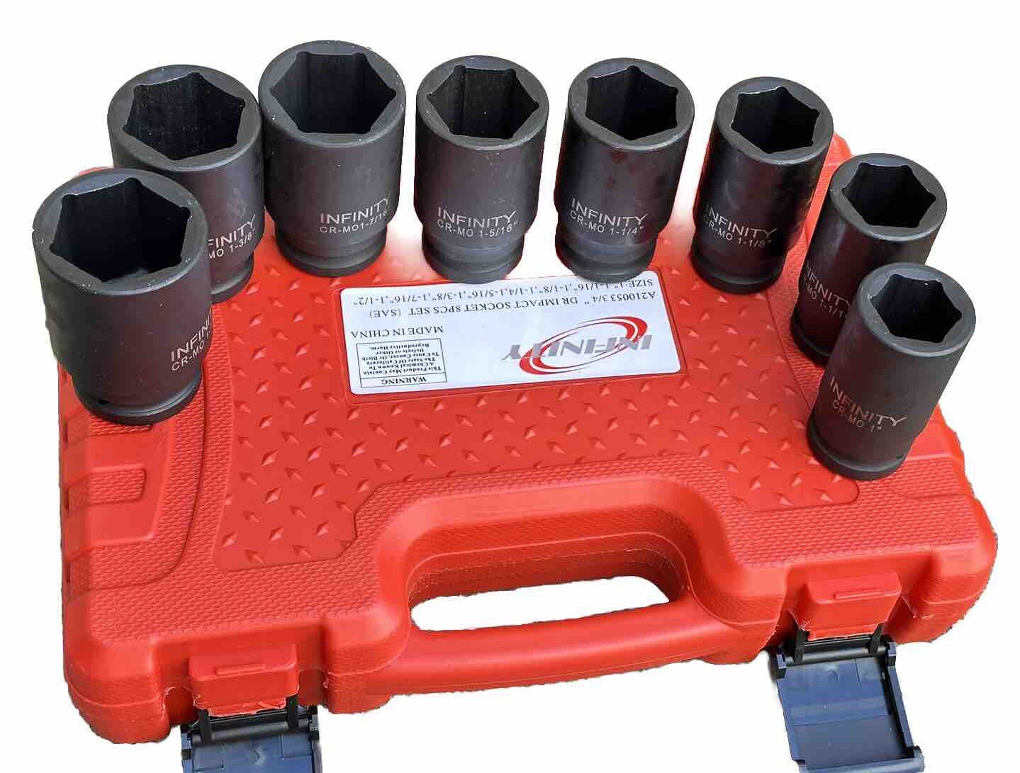 8pcs SAE Deep Spindle Axle Nut Impact Socket Set 6 Point Cr-mo 1” To 1-1/2”