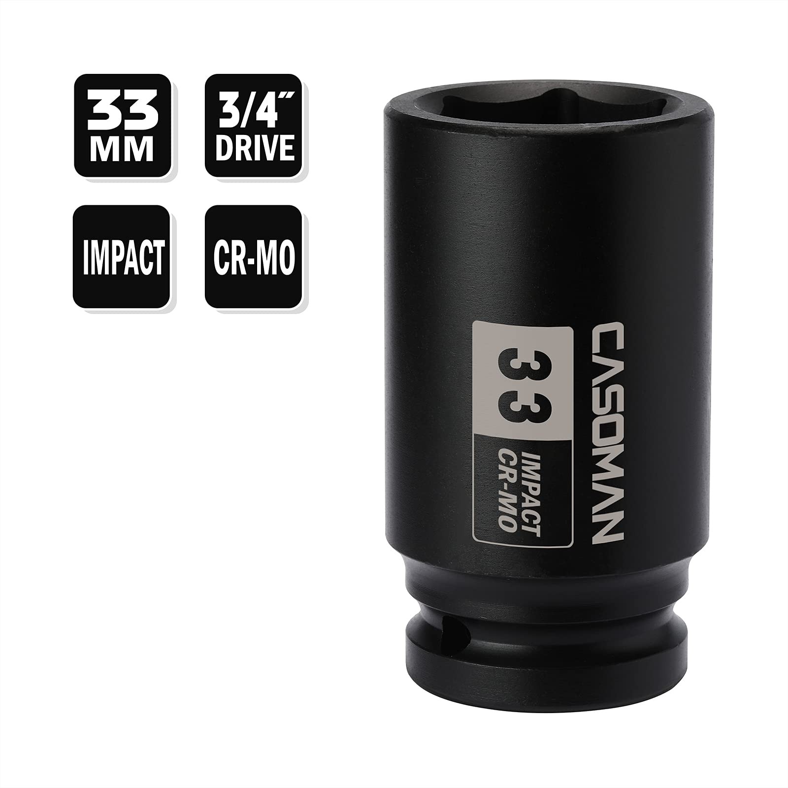 CASOMAN 3/4″ Drive X 33 Mm Deep 6 PT Impact Socket, CR-MO, 3/4-Inch Drive 6 Poin