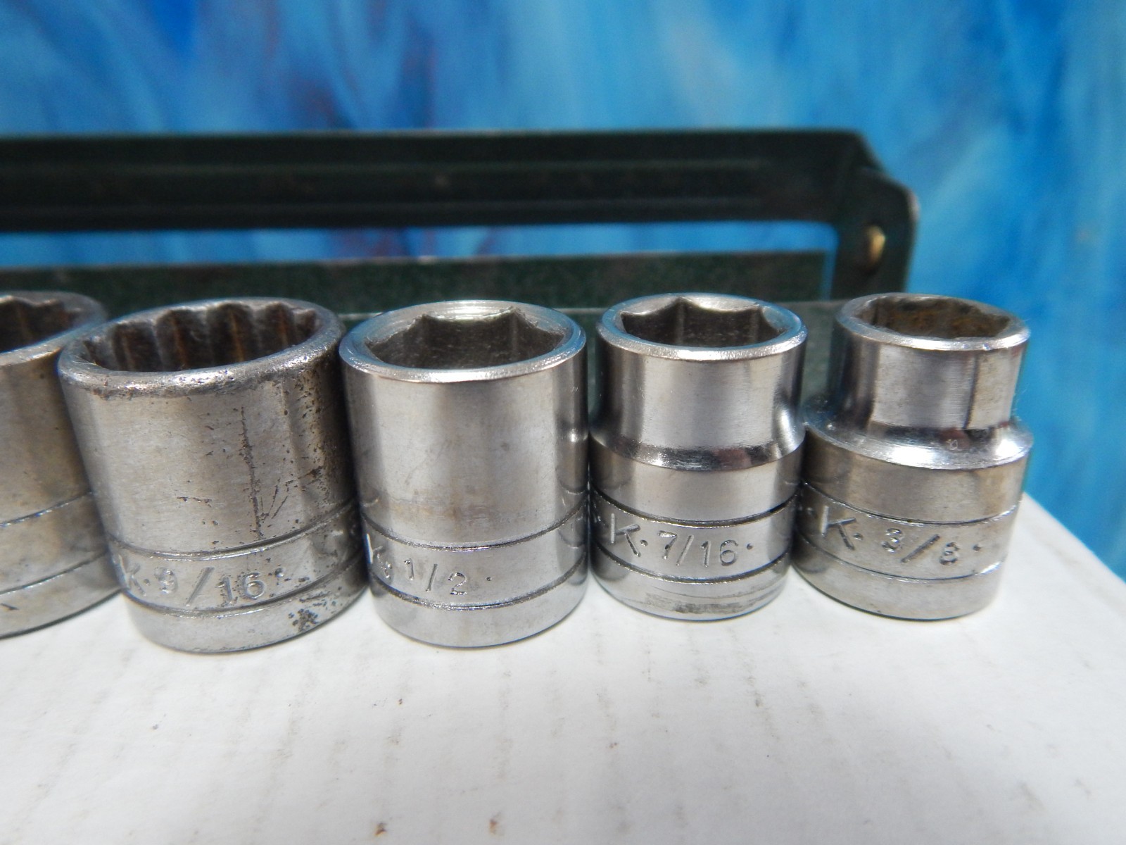 S-K tools 3/8 dr. socket set 8 piece ,carry tray, Vintage SAE Shallow, 3/8-13/16