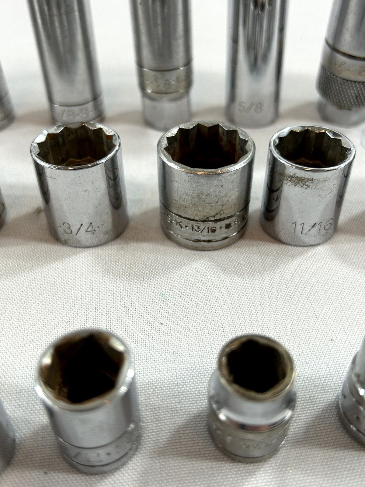 Lot of S-K Sockets – 29 Pieces – All different types 26 3/8 Drive- 1/2 Drive
