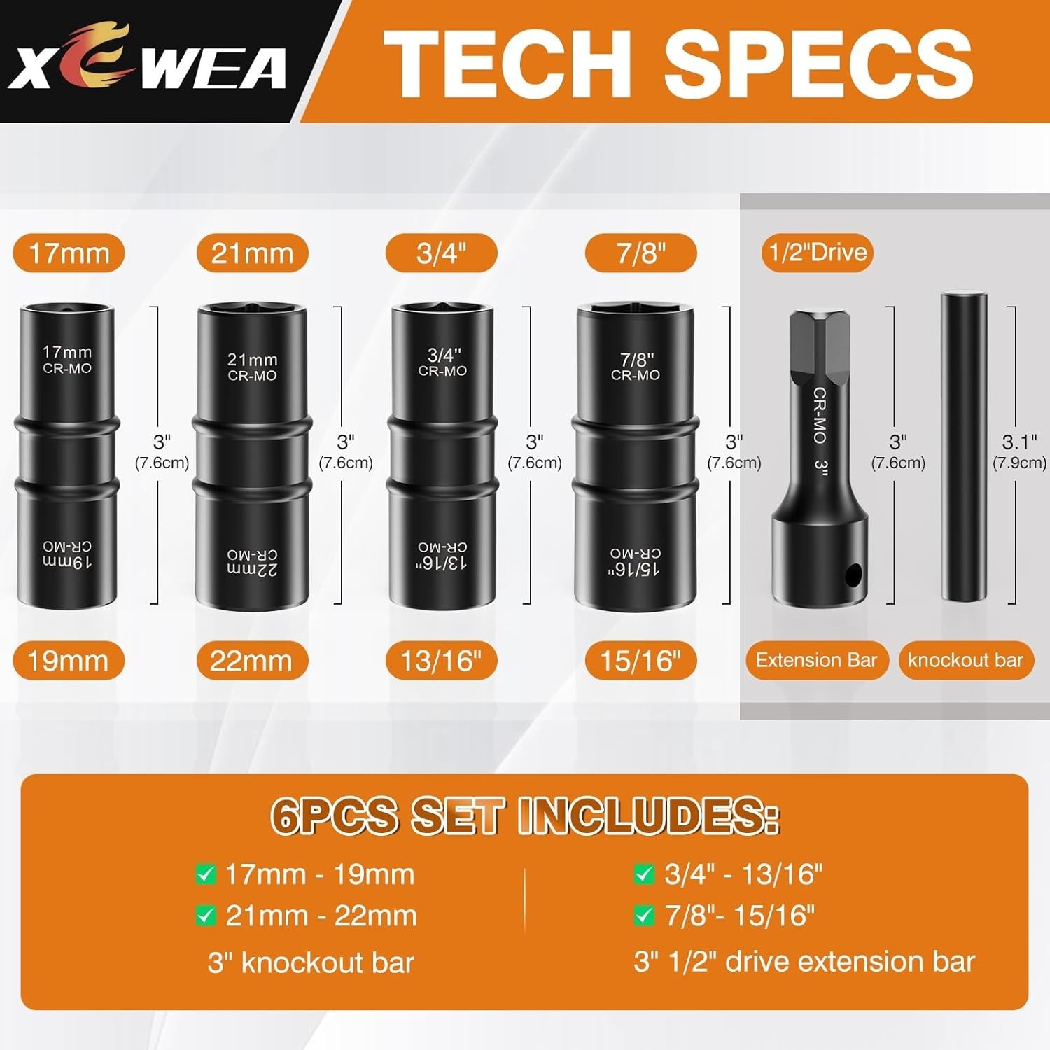 6PCS Thin Wall Lug Nut Impact Socket Set, 1/2″ Drive Impact Flip Socket Set, …