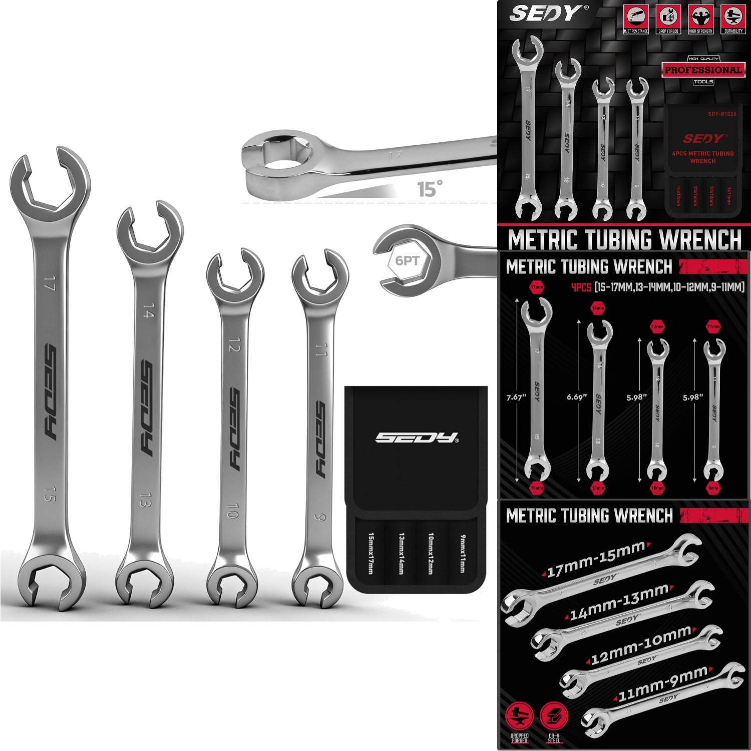Durable 4-Piece Metric Flare Nut Wrench Set with Offset End and Storage Pouch