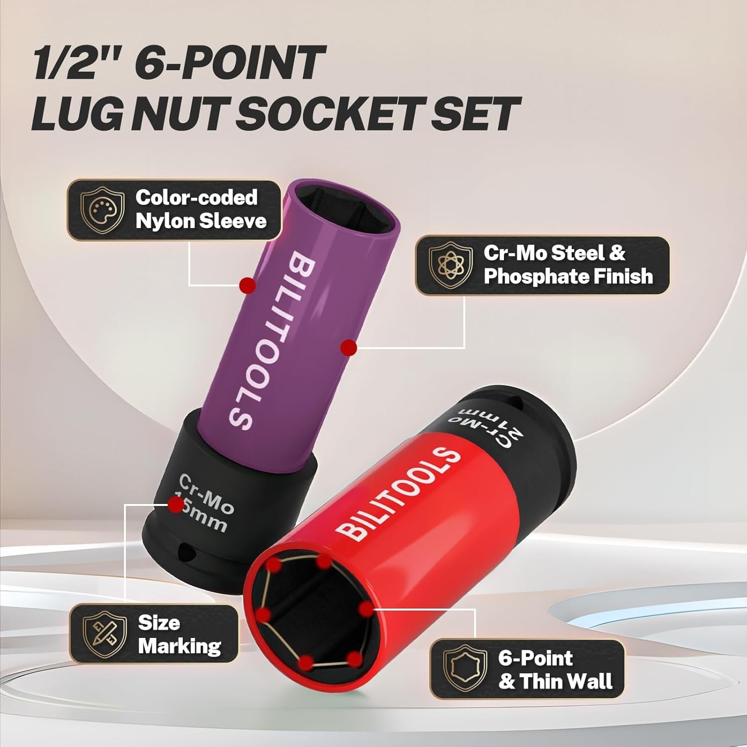 15-22mm Lug Nut Socket Set | 5-Piece Impact Socket | Chrome Molybdenum Steel