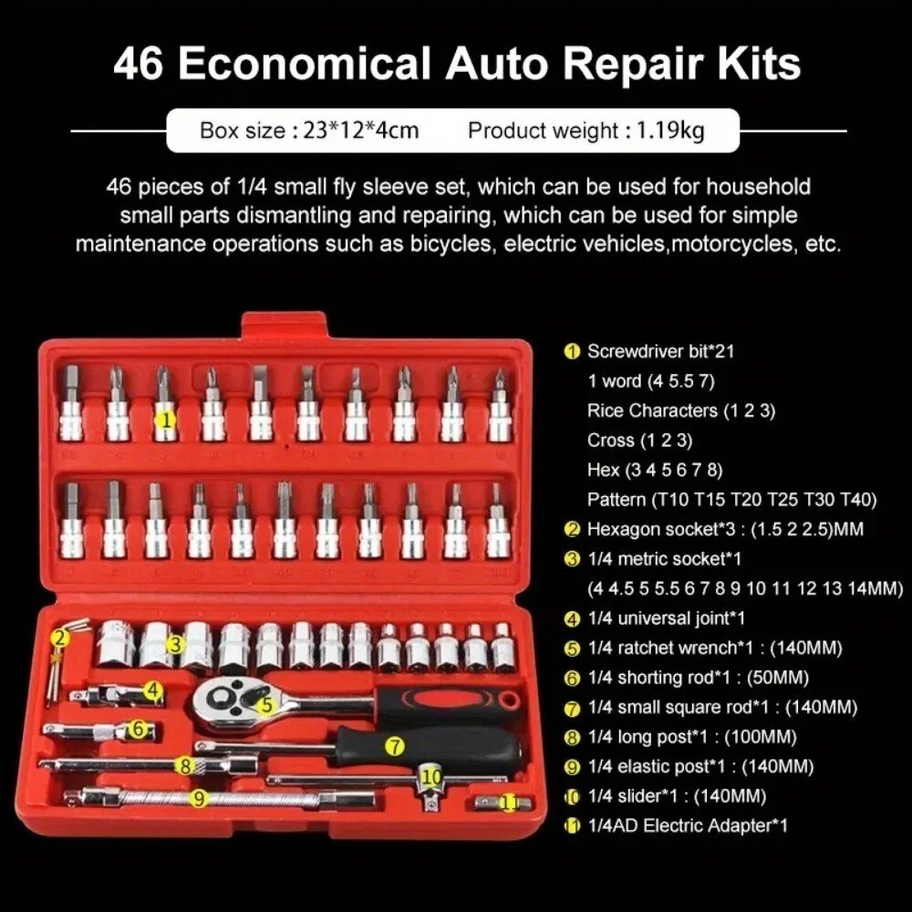 46pcs Car Repair Tool Kit 1/4″ Socket Set Ratchet Torque Wrench Mechanic Tools