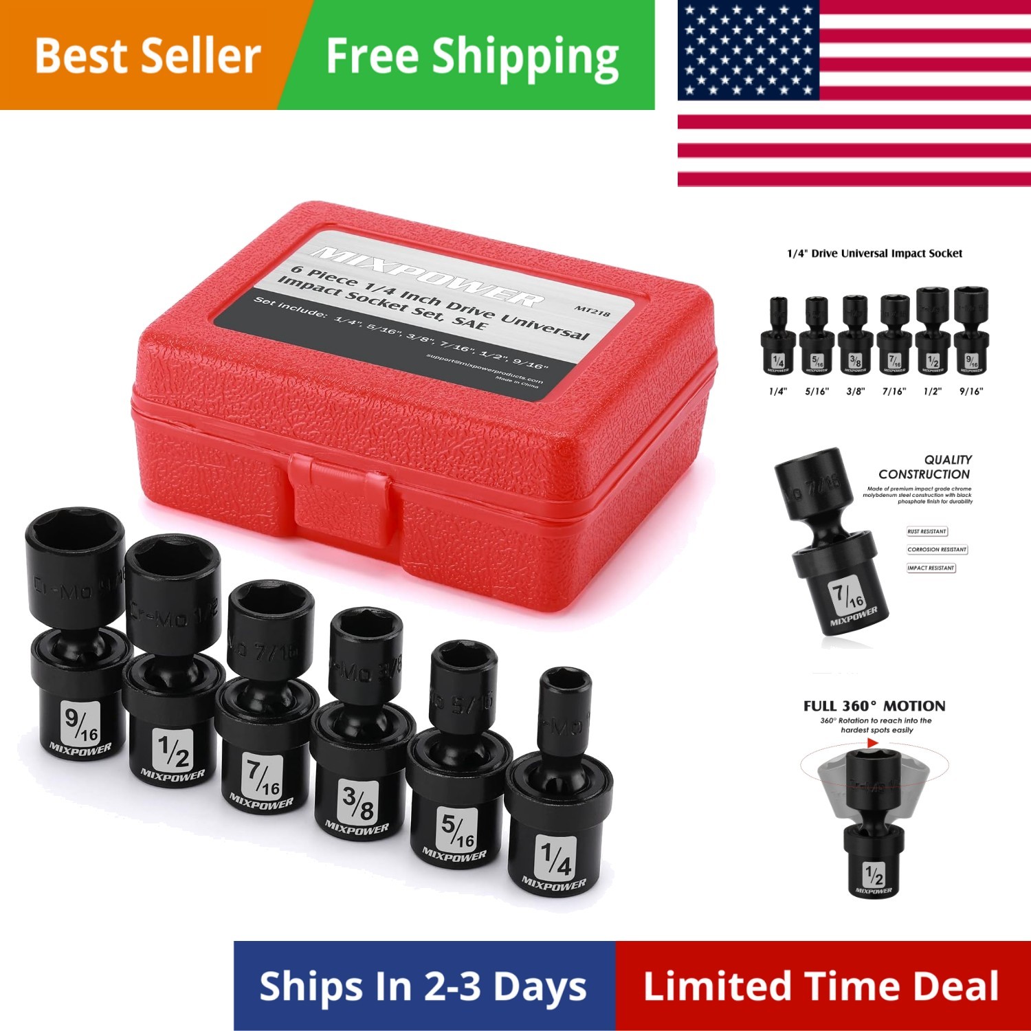 6PCS 1/4″ Drive SAE Shallow Universal Impact Socket Set, 1/4″ – 9/16″, Swivel…