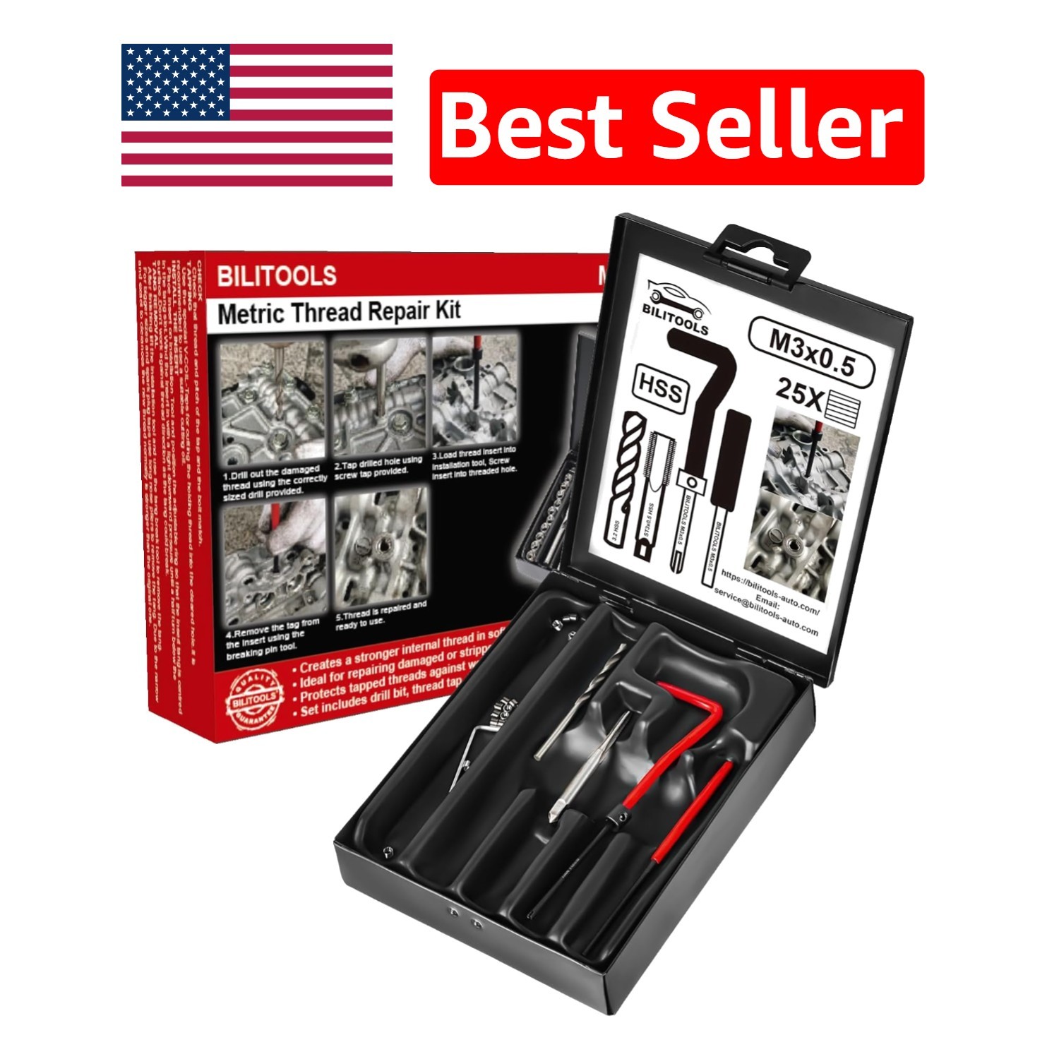 Durable M3x0.5 Thread Repair Kit with HSS Drill & Stainless Steel Inserts