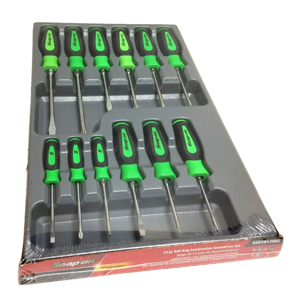 New Snap-on SGDXW120BG 12pc Soft Grip Combination Screwdriver set GREEN Sealed