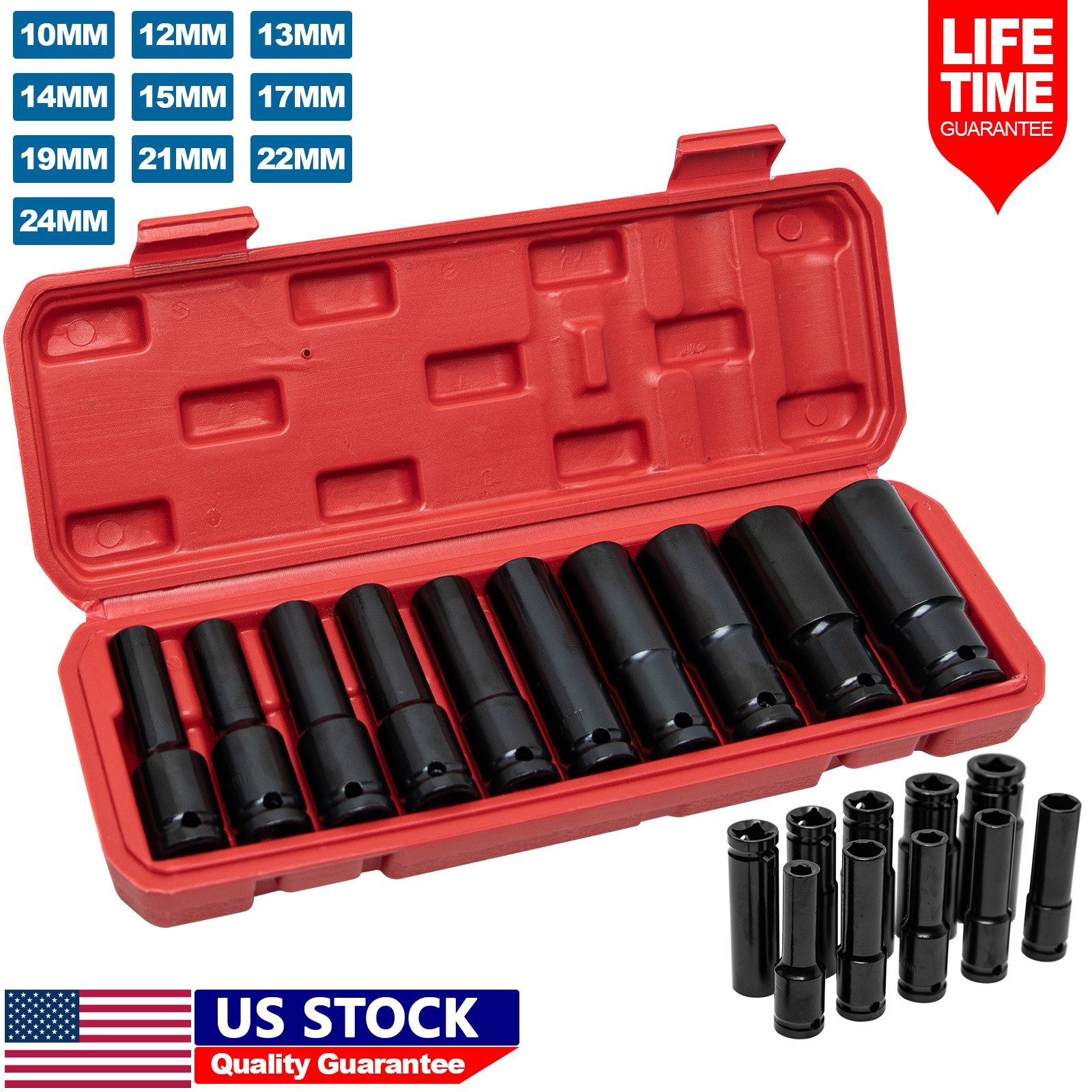 10pcs Metric Deep Impact Socket 1/2″ Drive 10mm-24mm 6 Point Sockets w/ Case-Set