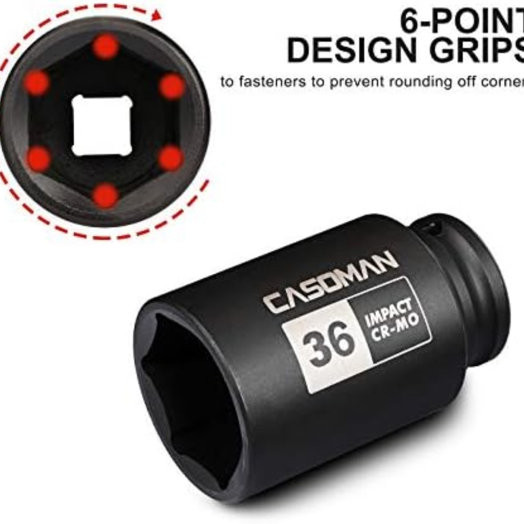 1/2″ Drive X 36 Mm Deep 6 PT Impact Socket, CR-MO, Drive 6 Point Axle Nut Socket