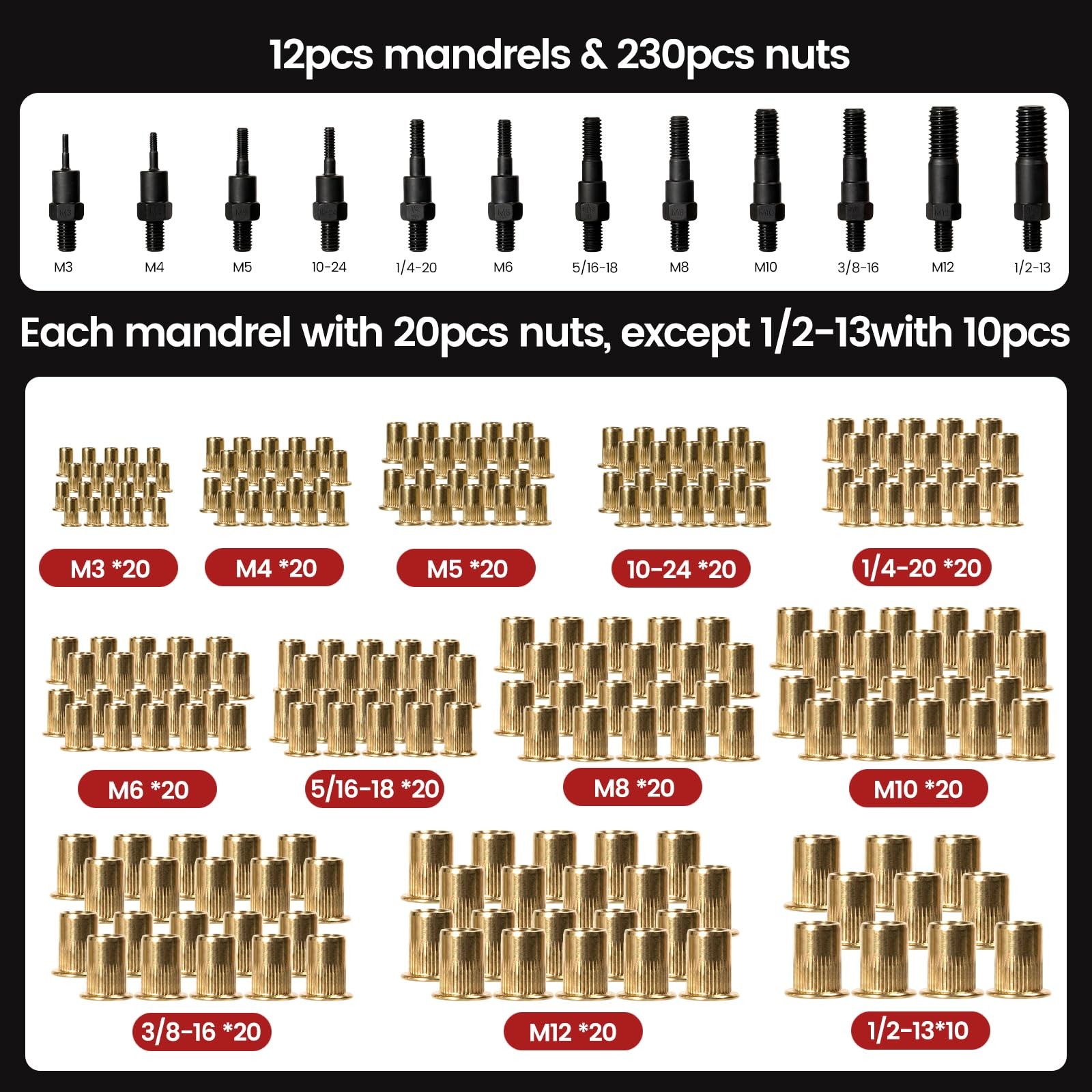 Rivet Nut Tool Kit 16 Heavy Duty 12 Mandrels 230 Nuts WRNTK-01 WOBANK Rivnut