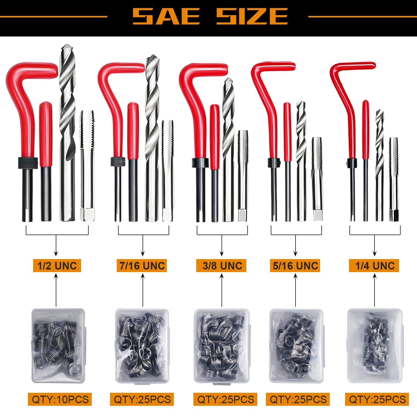 AJulyBee 301Pcs Helicoil Thread 1/4″ 5/16″ 3/8″ 7/16″ 1/2″ M5 M6 M8 M10 M12