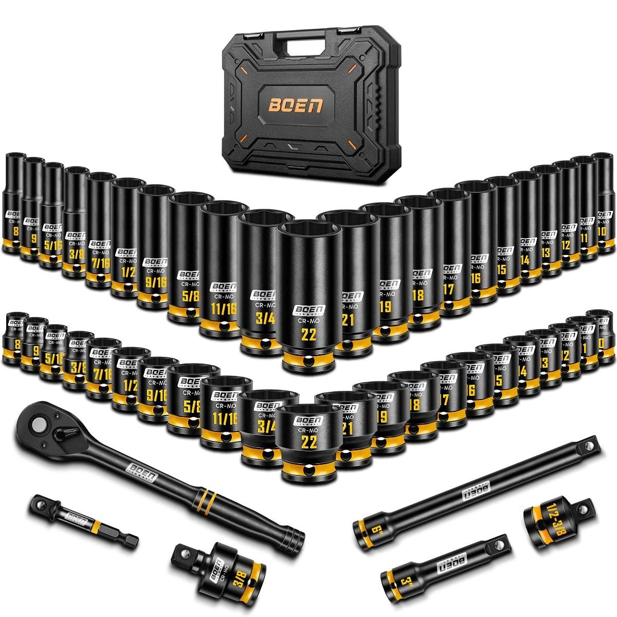 50PCS 3/8″ Drive Impact Socket Set – SAE & Metric Deep/Shallow 6-Point CR-MO