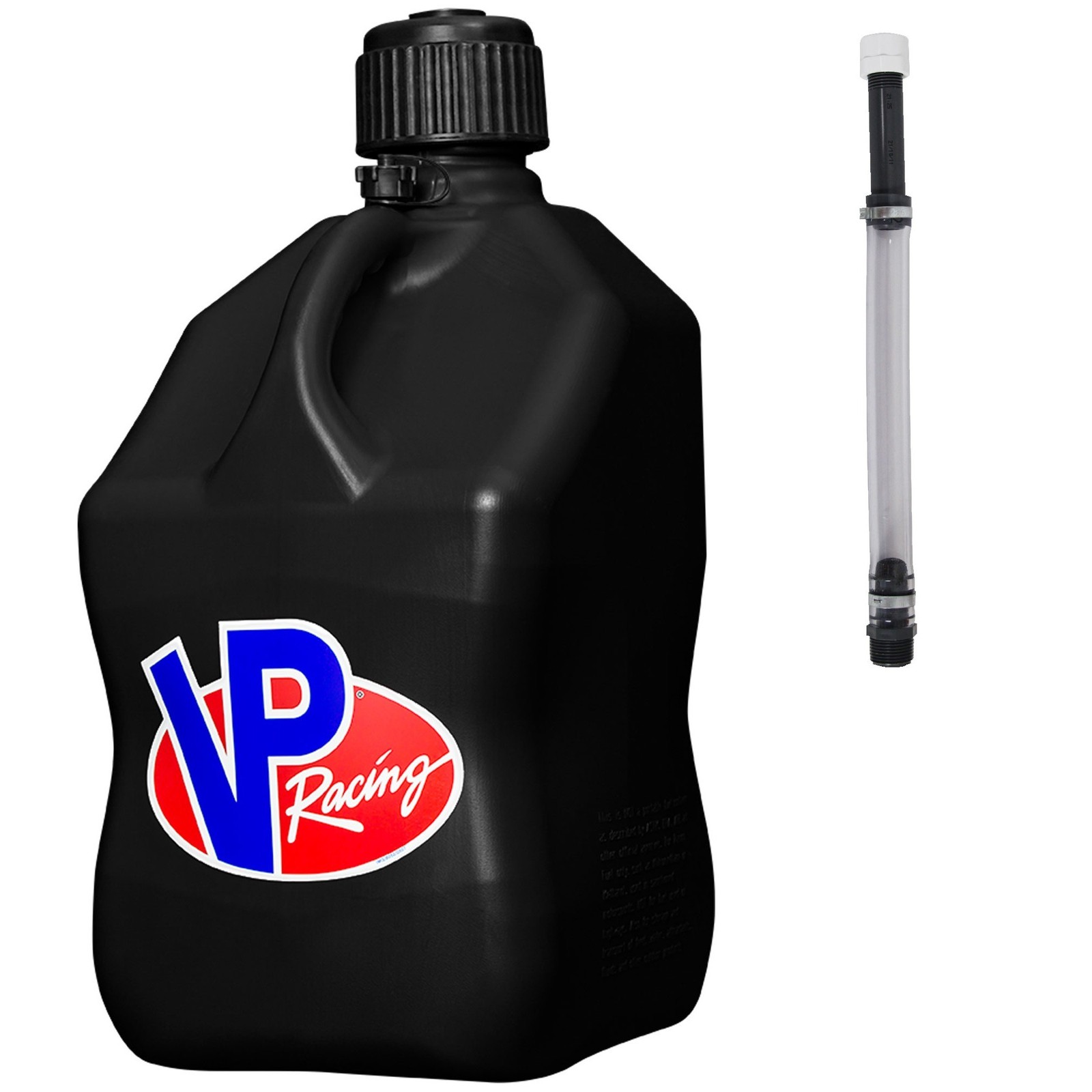 VP Racing Square Fuel Jug 5 Gallon Black – With Filler Hose