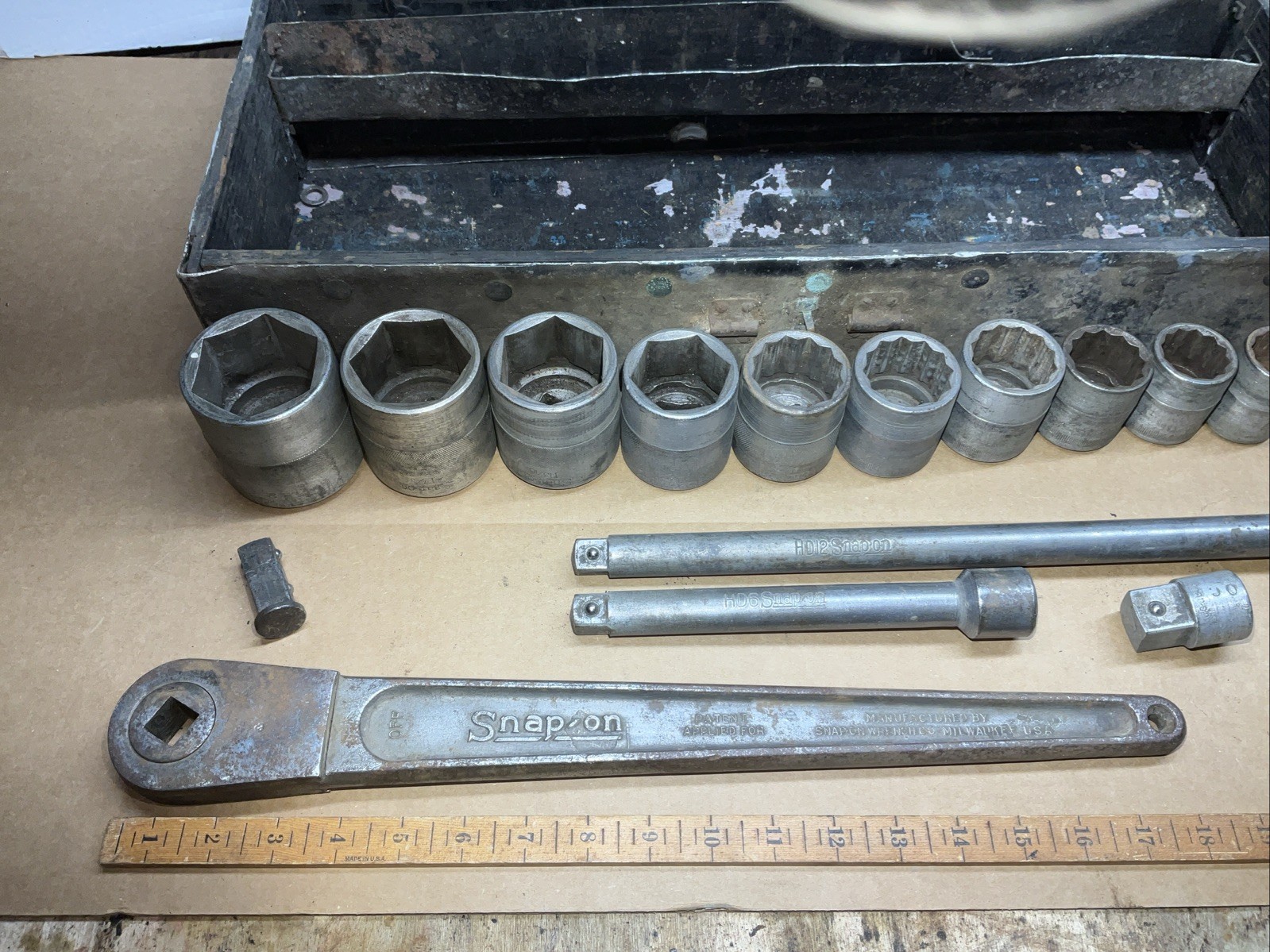Snap On Tools USA 5/8” Drive Push Thru Ratchet 18” Hd Sockets Extensions & 7/8”