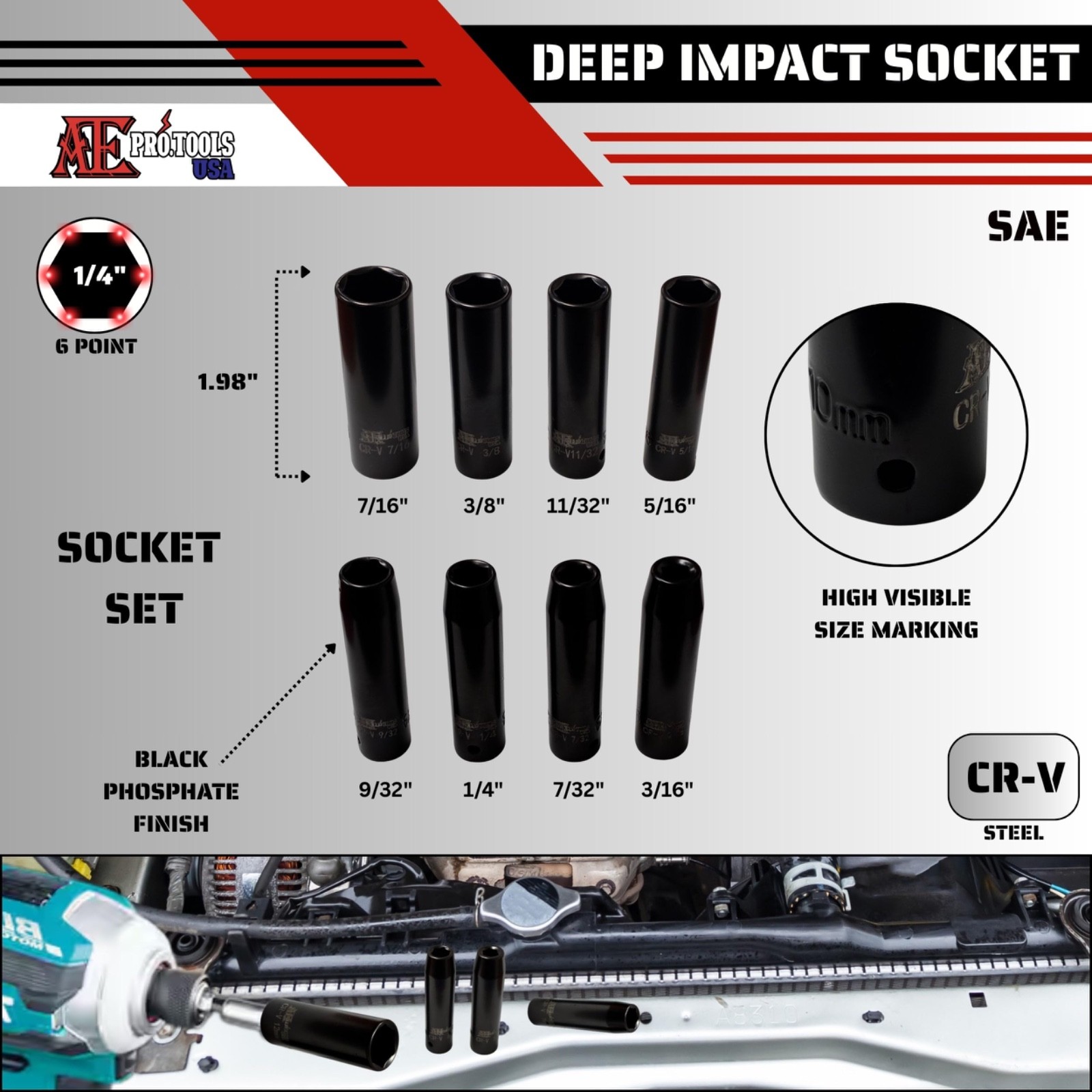 (18 PC) 1/4″ Deep Impact Socket Set | SAE: 3/16″ – 7/16″, Metric: 5mm – 12mm