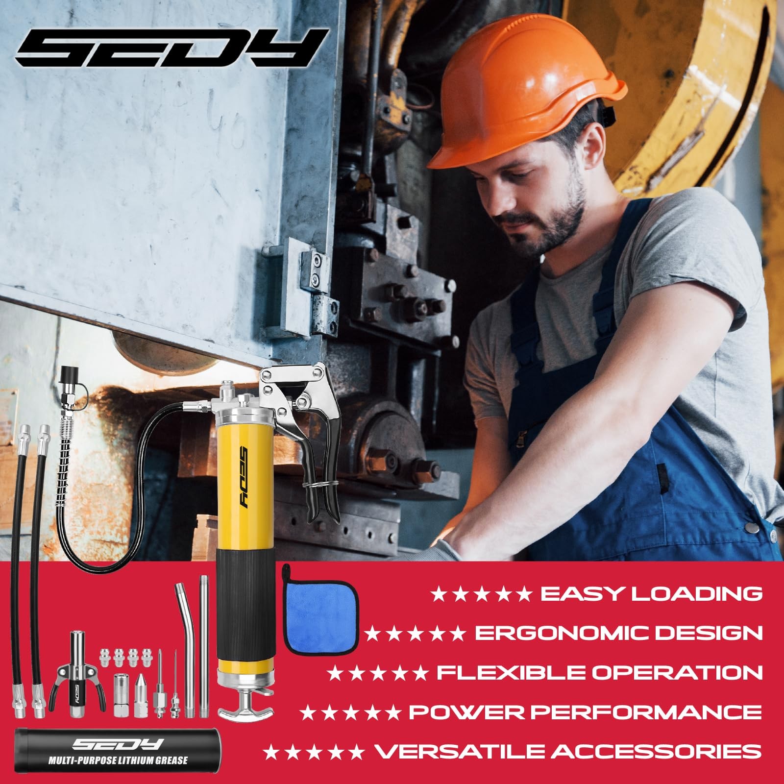 17-Piece Heavy Duty Grease Gun Kit: 14oz Tube Flexible New Version