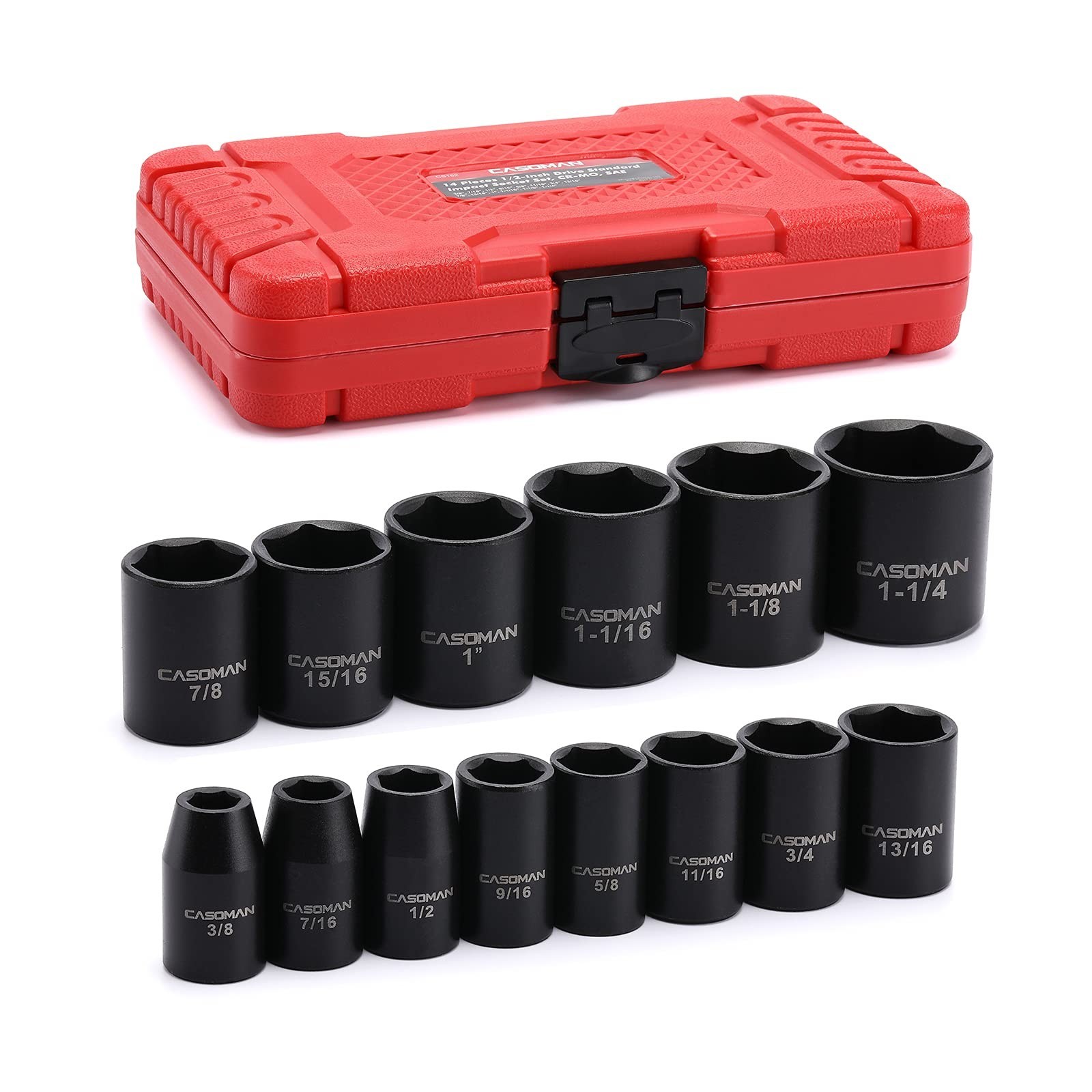 14-Piece 1/2″ Drive Shallow Impact Socket Set, 6-Point, SAE Sizes 3/8″ to 1-1/4