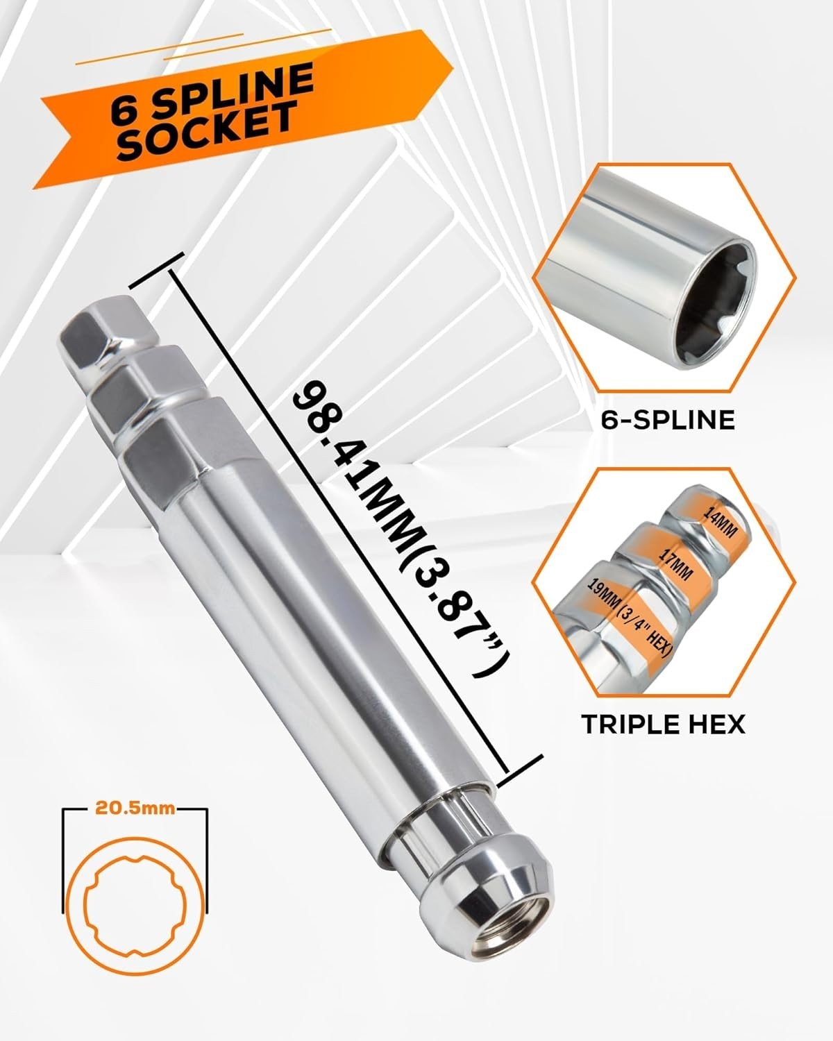 Dynofit 6 Spline Lug Nuts Socket Key for M12X1.5,12X1.25,1/2″-20,3/8″-24 Lug Nut