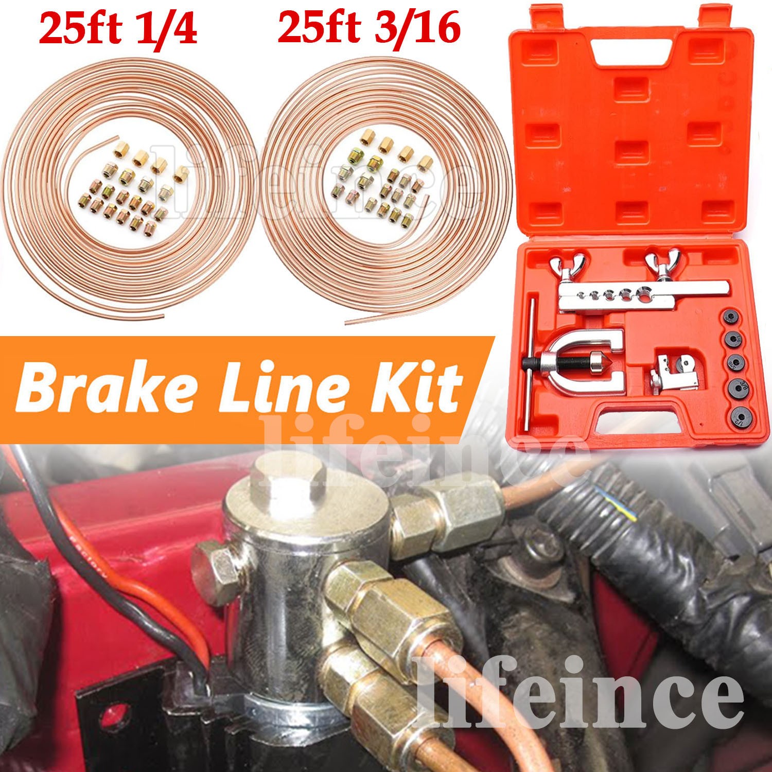 25ft 3/16 + 1/4 Copper Coated Brake Line & Double & Single Flaring Tool New