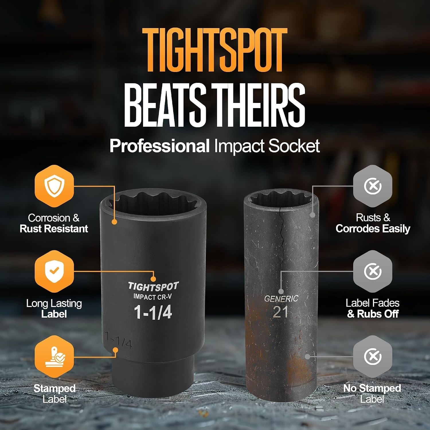 1/2 Inch Drive 1-1/4 Inch Deep Impact Socket with Anti-Rounding 12 Point Desi…