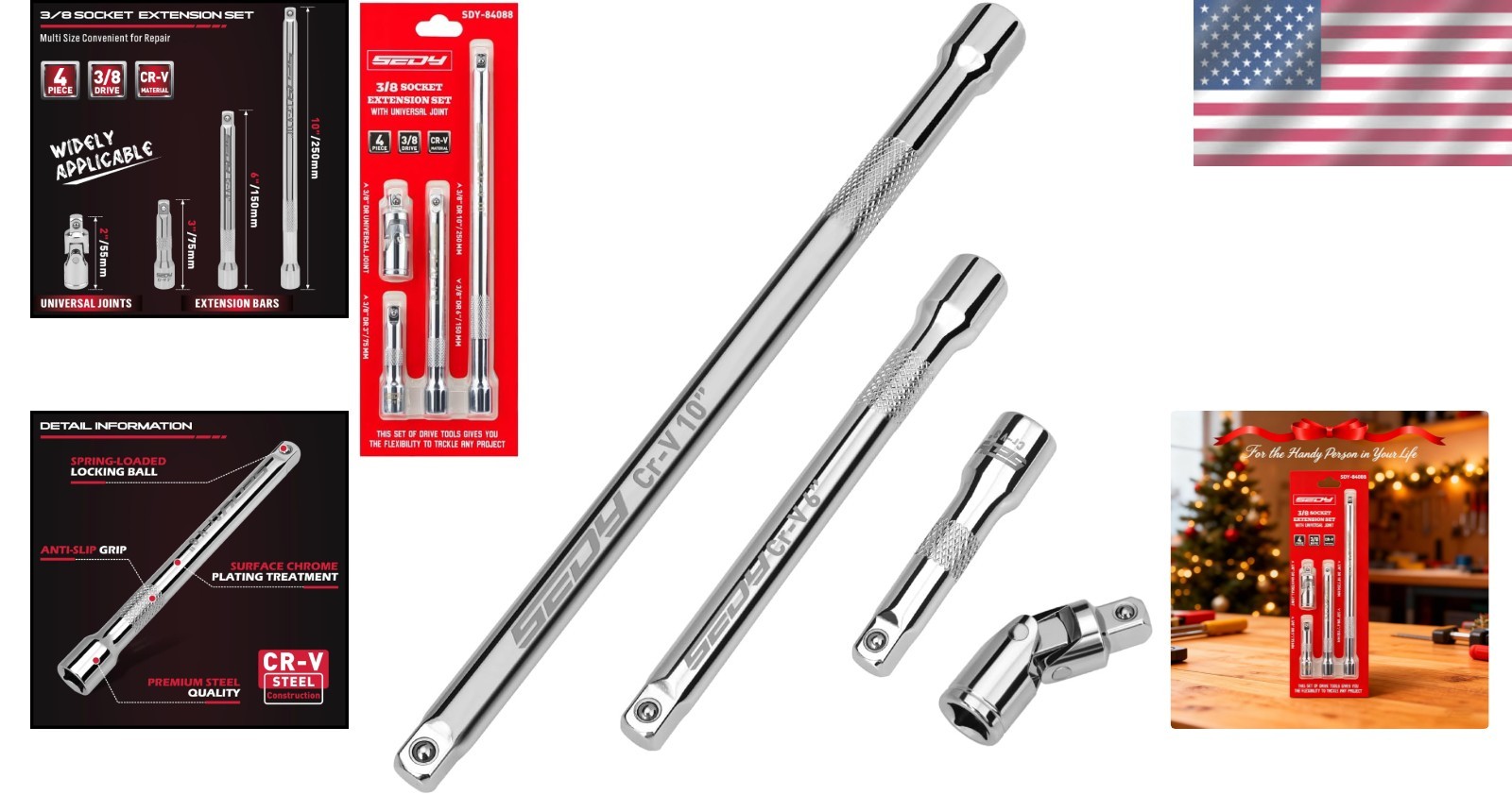 Socket Extension Bar Set 3/8 Inch Drive 3 6 10 Inch Cr V Steel Universal Joints