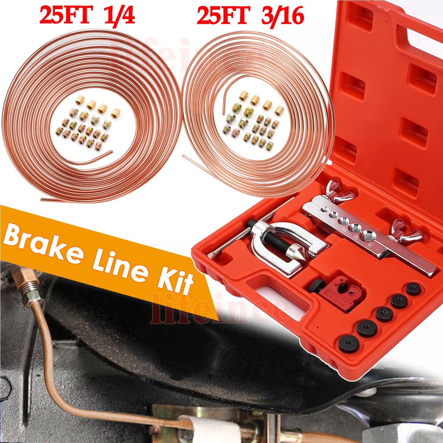 25ft 3/16 + 1/4 Copper Coated Brake Line and Double & Single Flaring Tool Kit