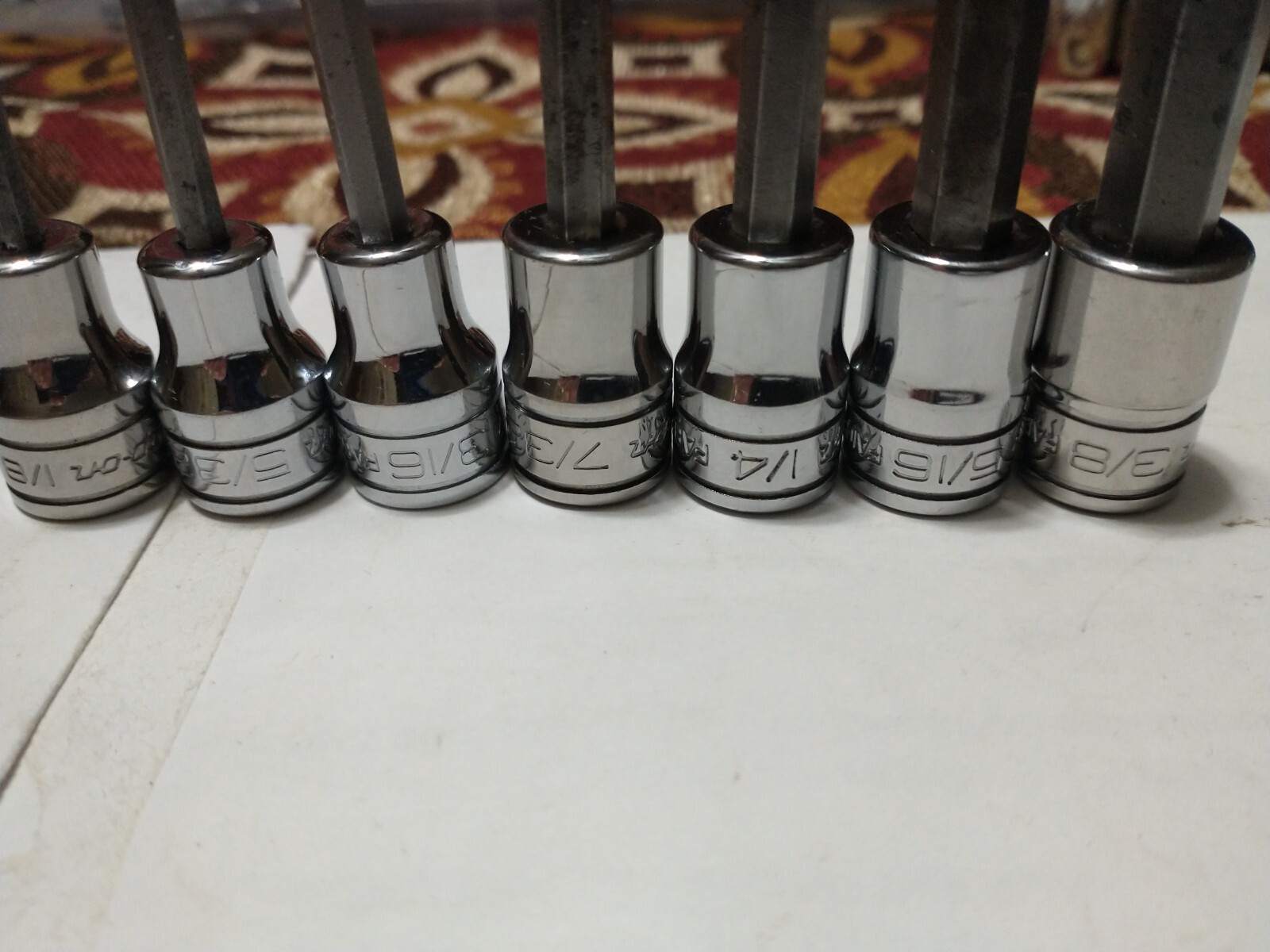 SNAP ON 207EFAMY AWM12D. 3-12MM. 1/8″-3/8″. 16 PIECES IN ALL. 3/8″ DRIVE HEX SET